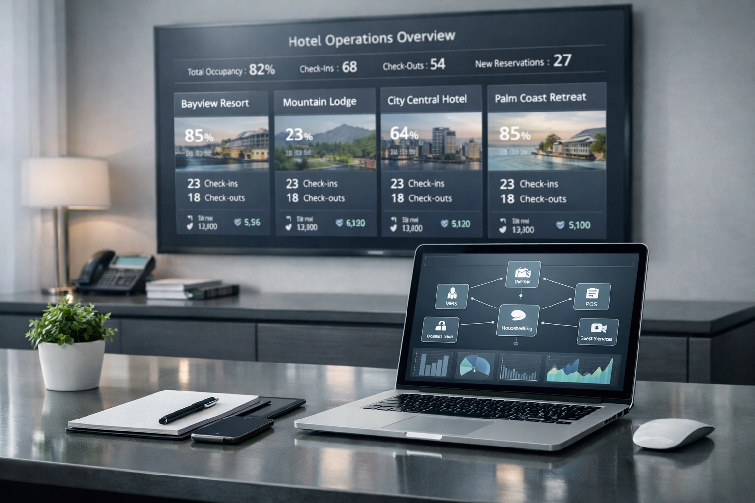 Cloud-native hotel PMS dashboard displaying multiple properties on desktop screen