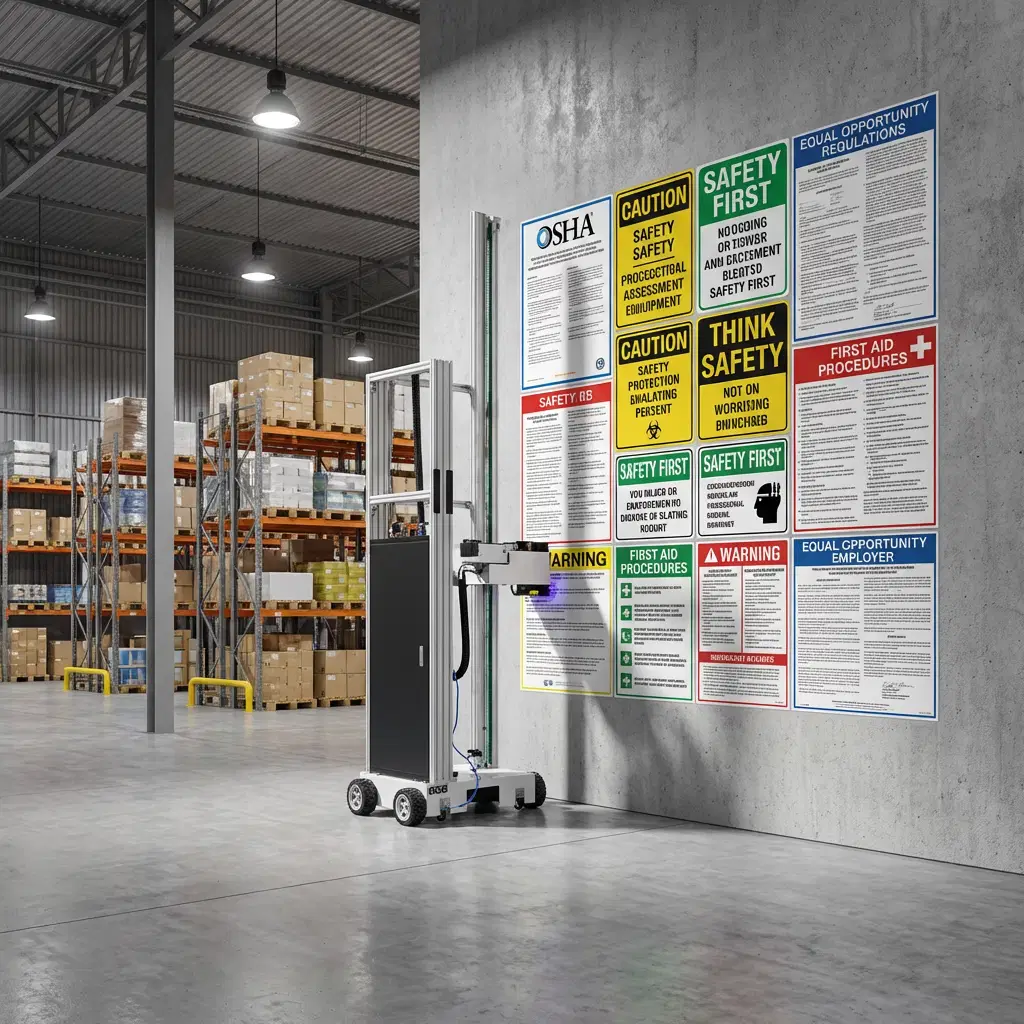 Advanced wall printer in a warehouse printing a large-format safety and compliance mural directly onto a concrete wall.