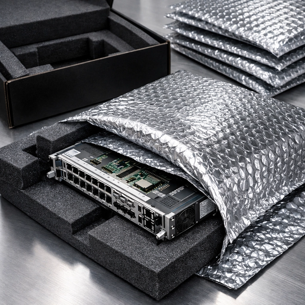 Anti-static packaging materials protecting telecommunications equipment during shipping