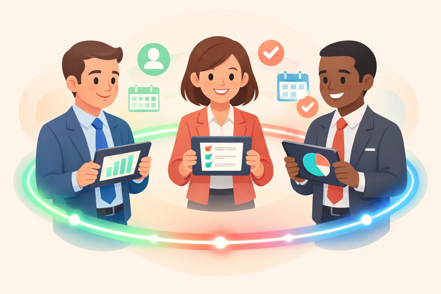 Team members sharing synchronized data through integrated CRM and project management system