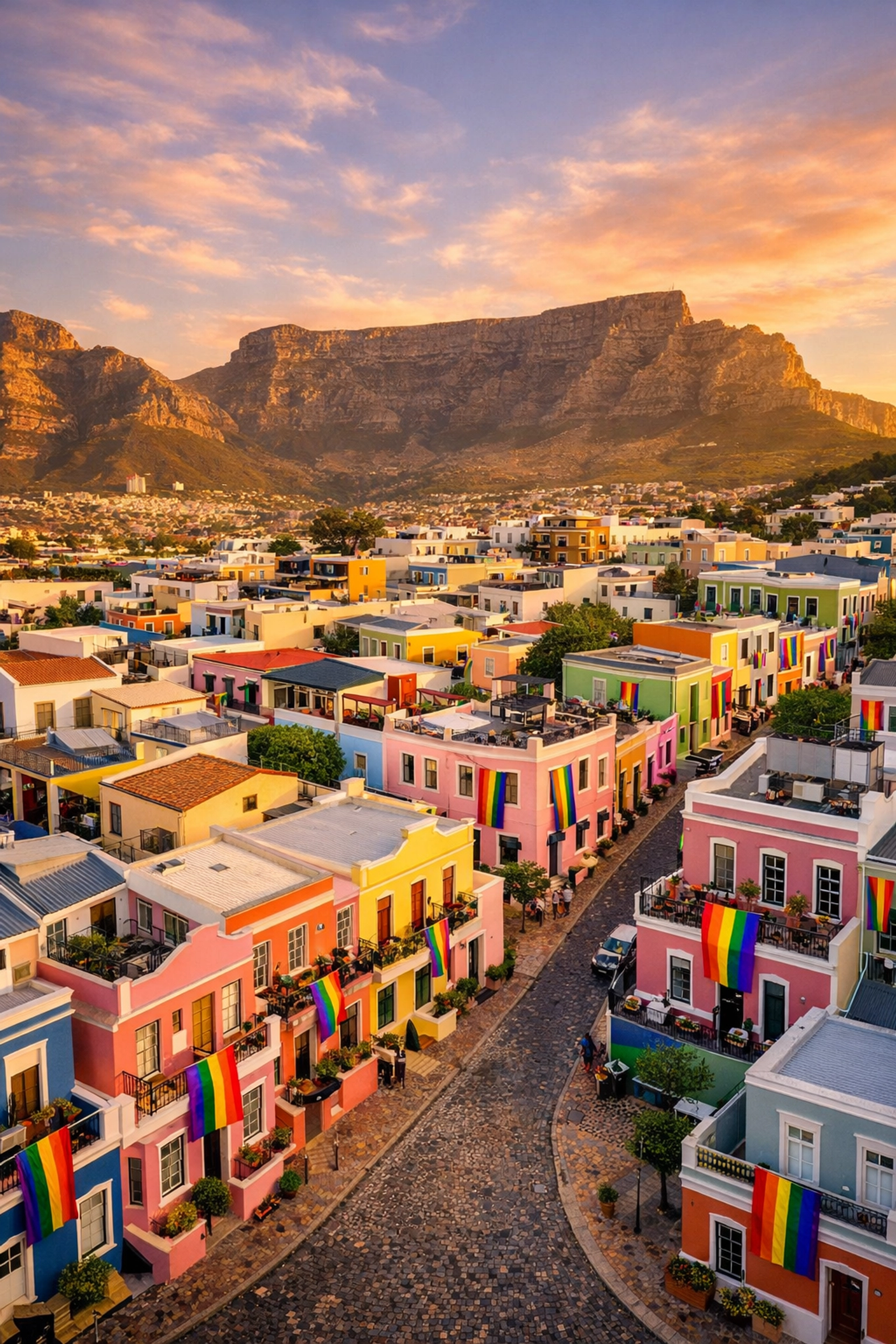 De Waterkant gay village in Cape Town with rainbow flags and Table Mountain backdrop