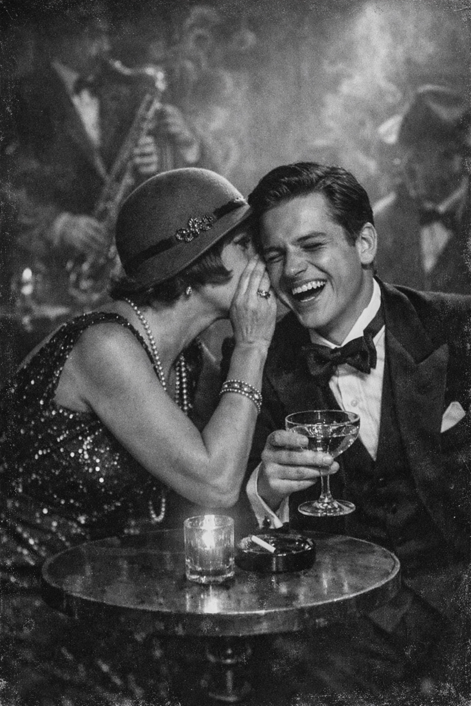 Vintage 1920s flapper mother laughing with her dapper gay son in a speakeasy, capturing Jazz Age gay romance.