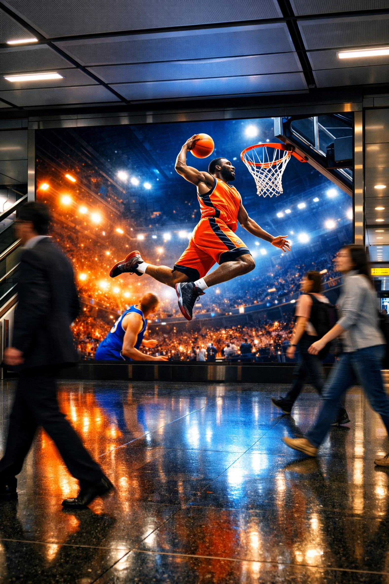 Digital billboard in a modern subway station displaying basketball content for commuters.