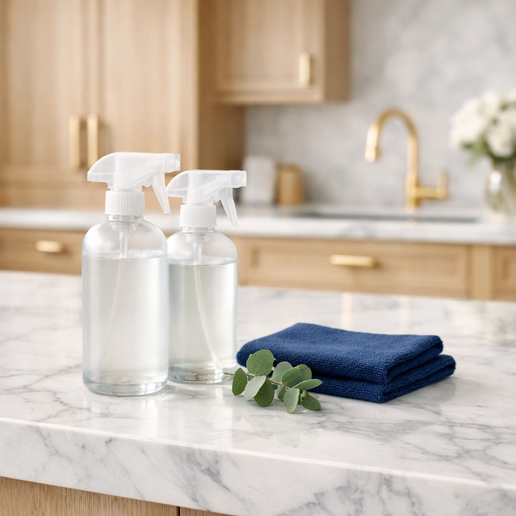 Eco-friendly cleaning products on a marble countertop for Westwood estate maintenance.