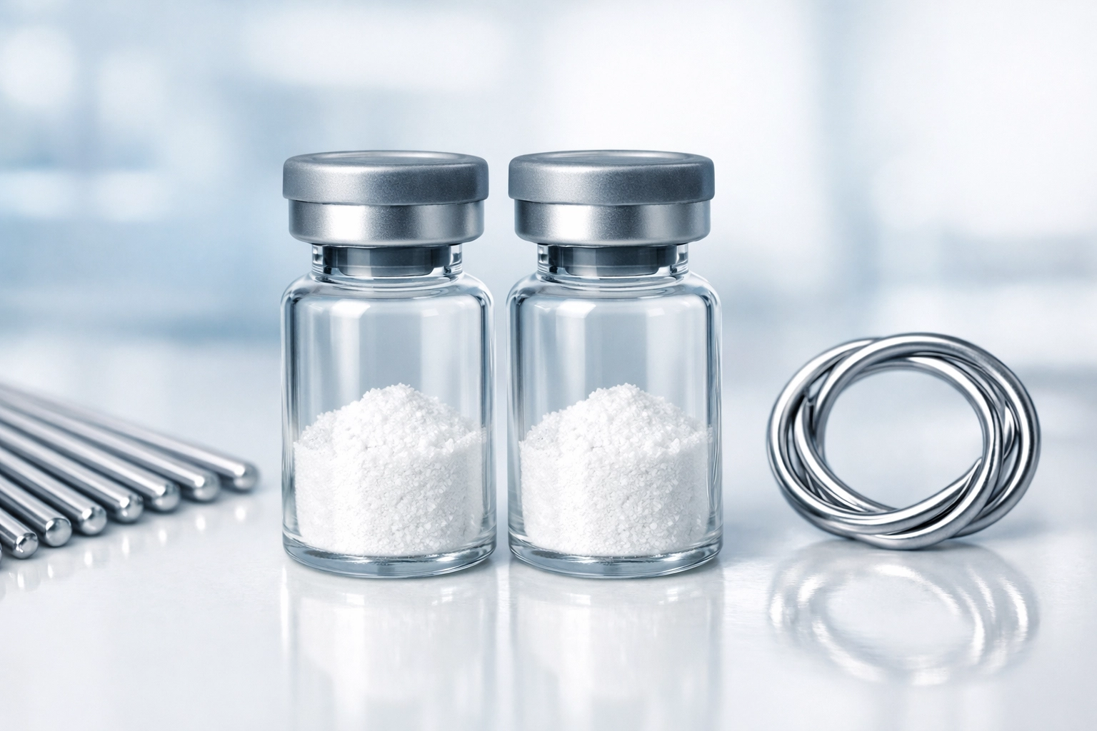 Comparison of Melanotan 1 vs 2 molecular structures using linear and cyclic symbols next to research vials.