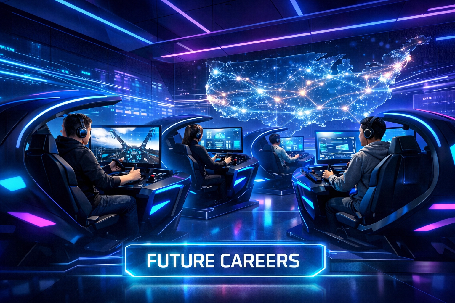 High school students using simulation esports pods for next-gen workforce recruitment and career training.