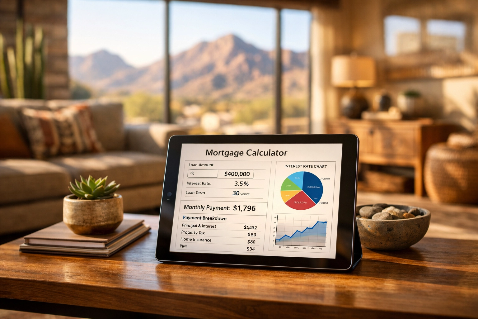 Modern Phoenix home interior with mortgage calculator showing payment planning and affordability
