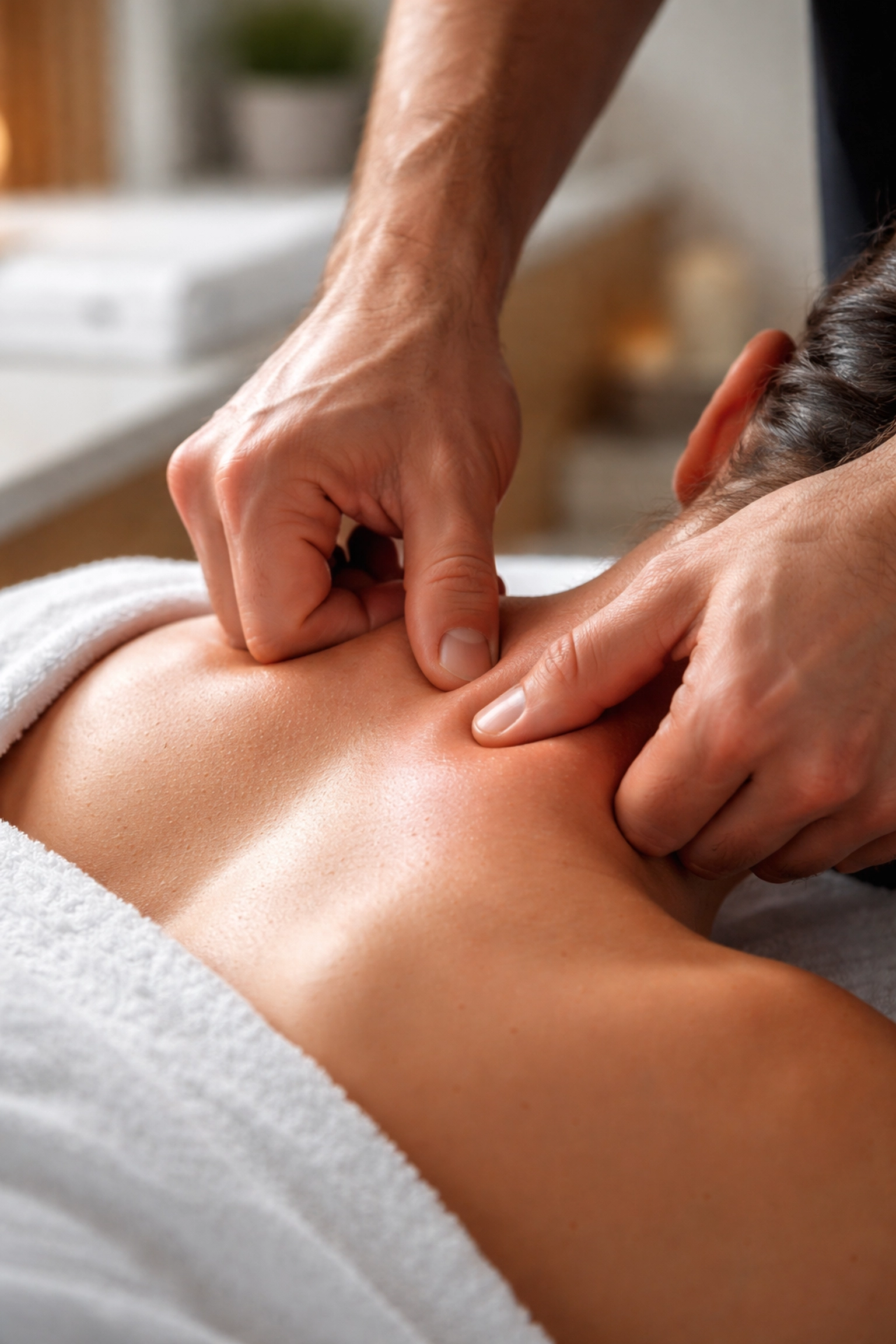 Massage therapist applying firm targeted pressure during a deep tissue massage session