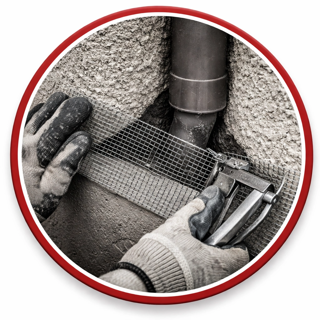 Hands applying metal mesh over a utility gap for effective snake exclusion in Coolidge home maintenance.