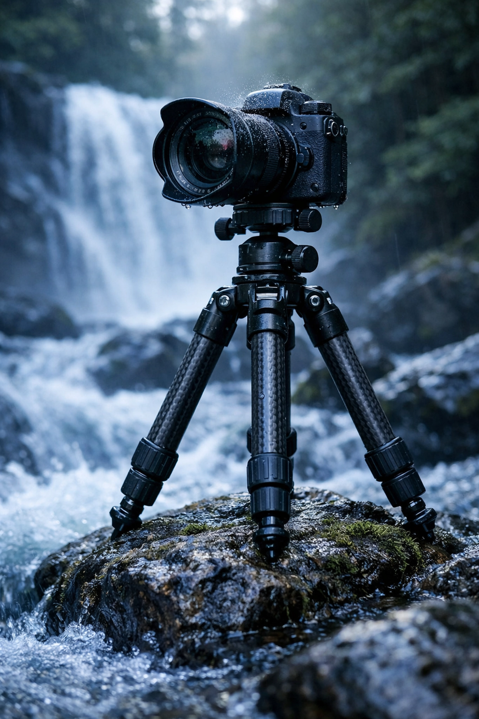 A camera on a sturdy tripod in a stream, essential gear for landscape photography.