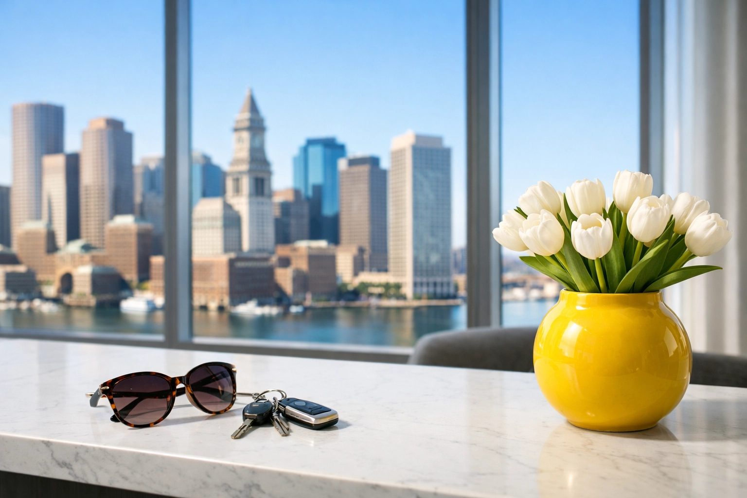 Clean Seaport apartment counter overlooking the skyline, a result of recurring residential cleaning Boston.