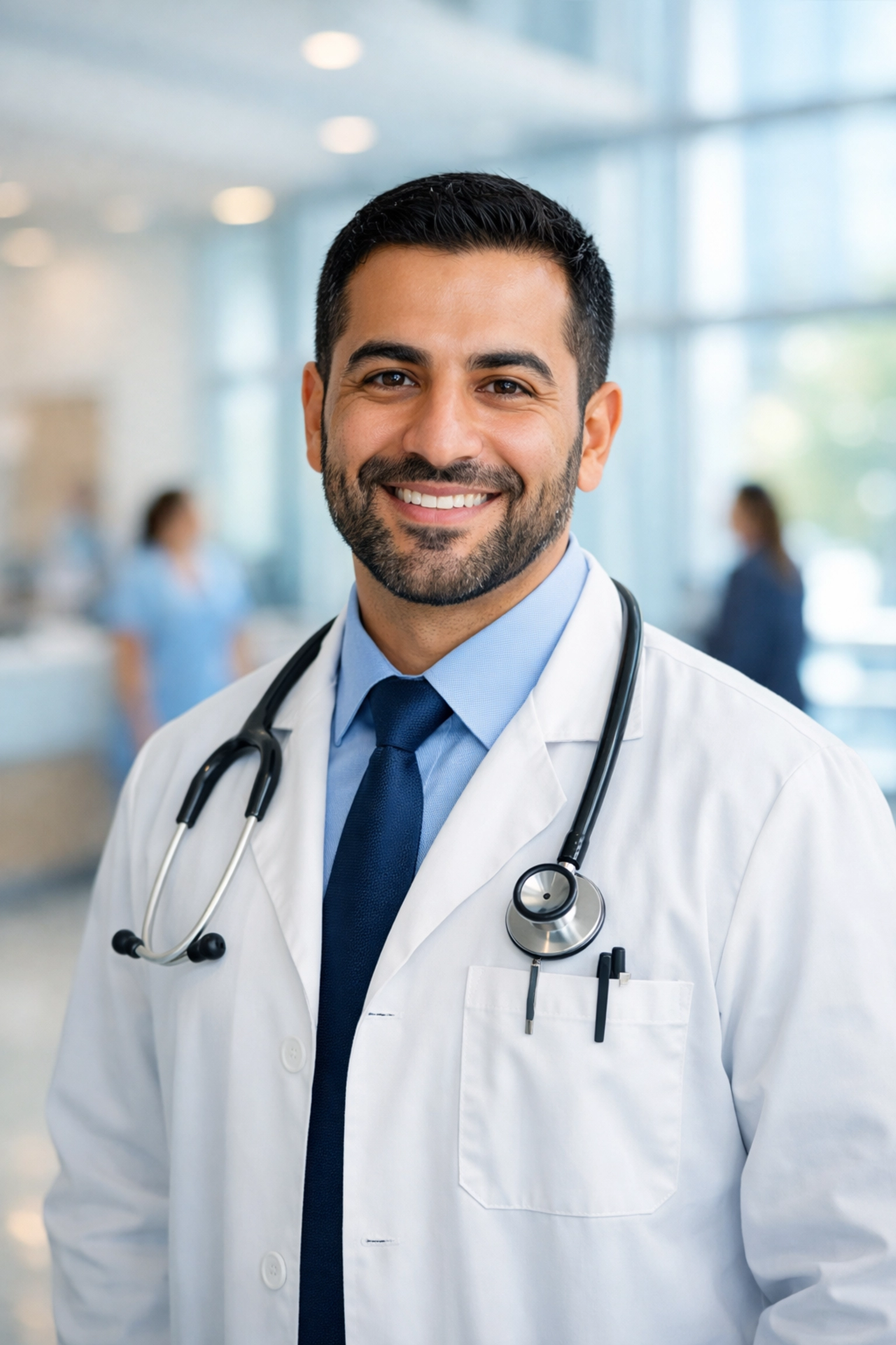 A J-1 physician in a hospital lobby after resolving the 212(e) home residency requirement.