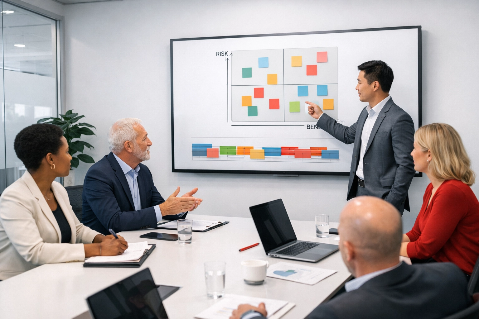 Executive team running a portfolio review and prioritization session for modernization initiatives.