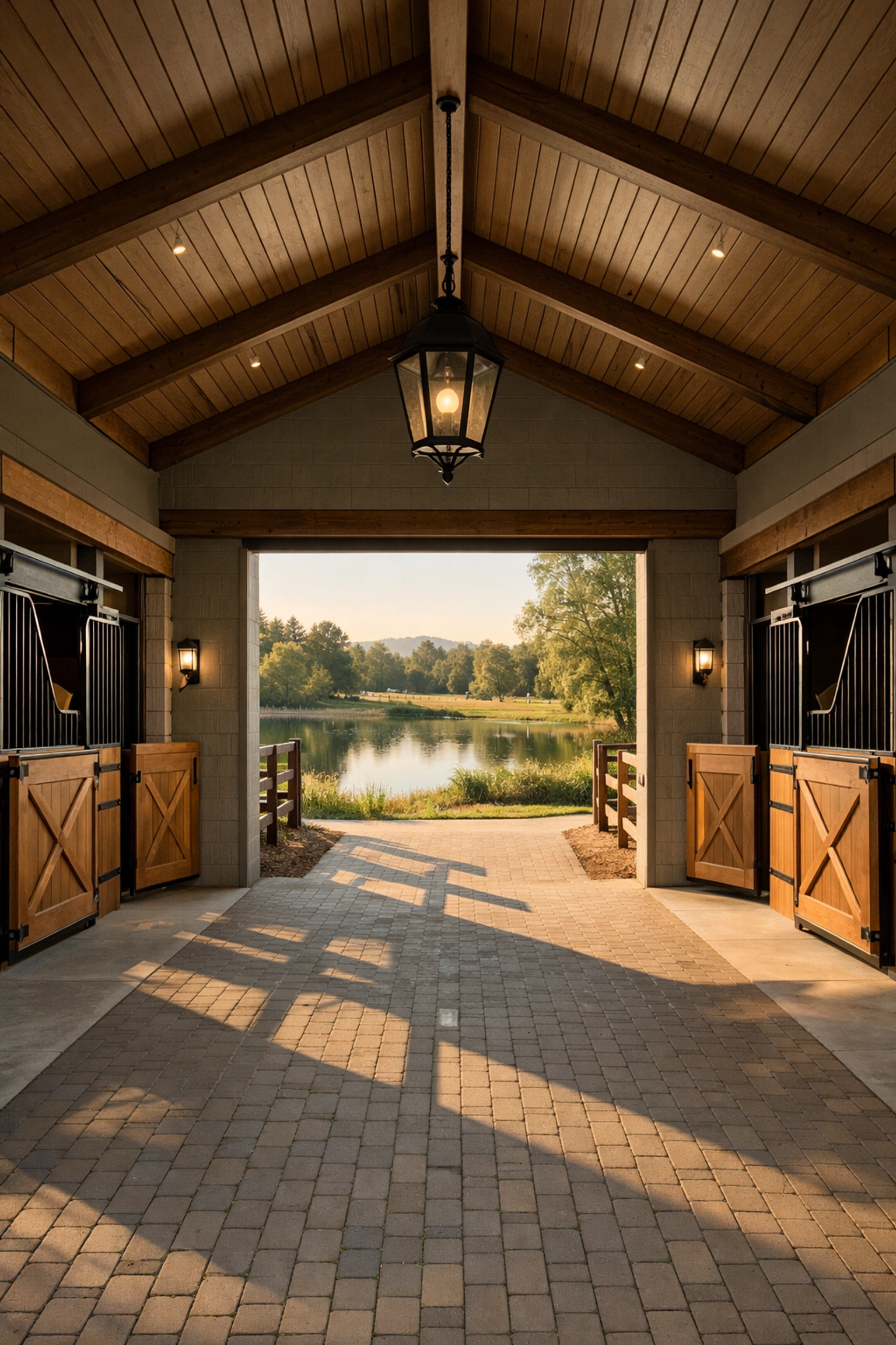 Custom equestrian barn with pond at Davidson NC luxury horse estate
