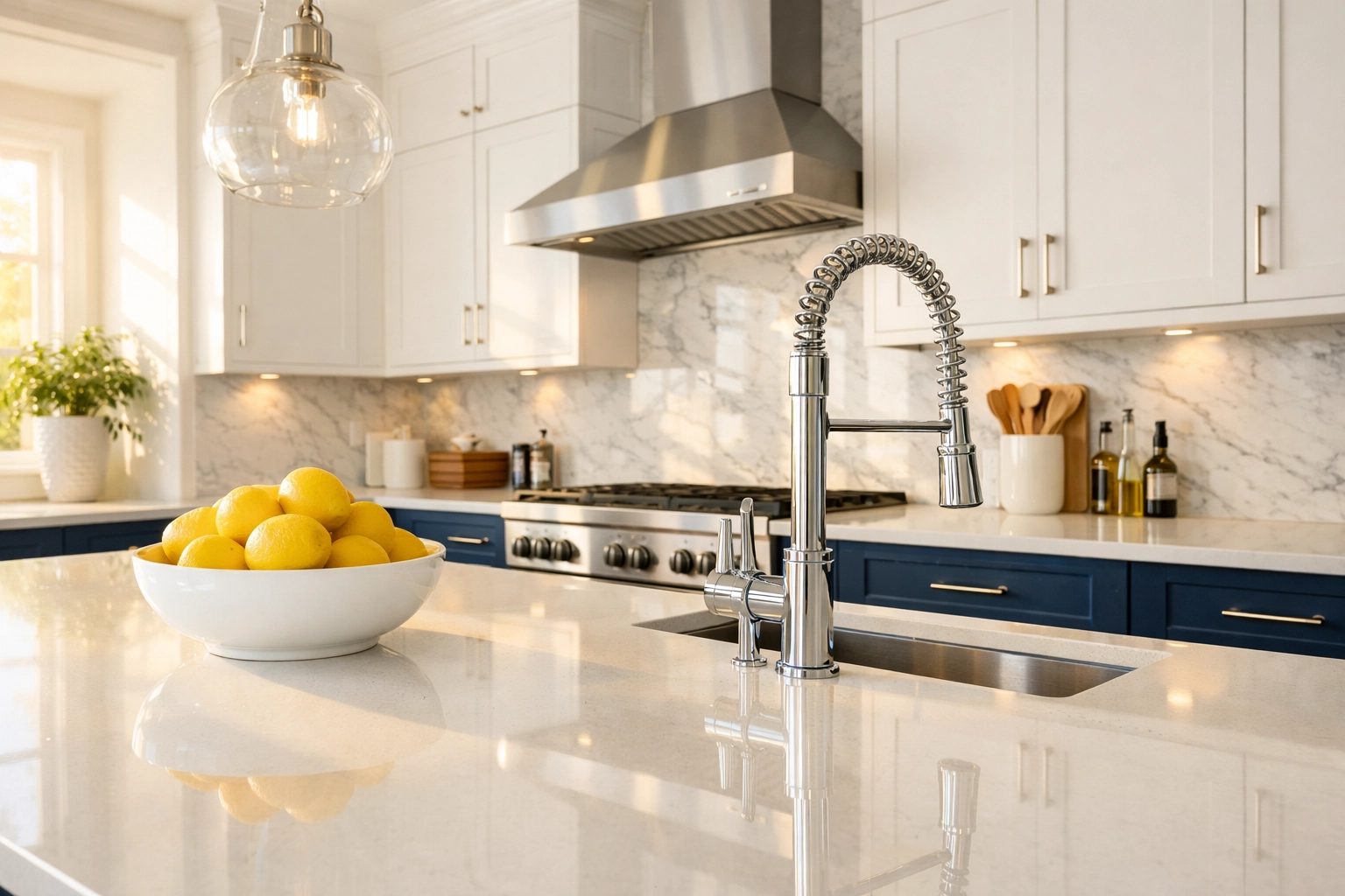 Sparkling white quartz countertops in a clean Westborough kitchen after professional weekly house cleaning.