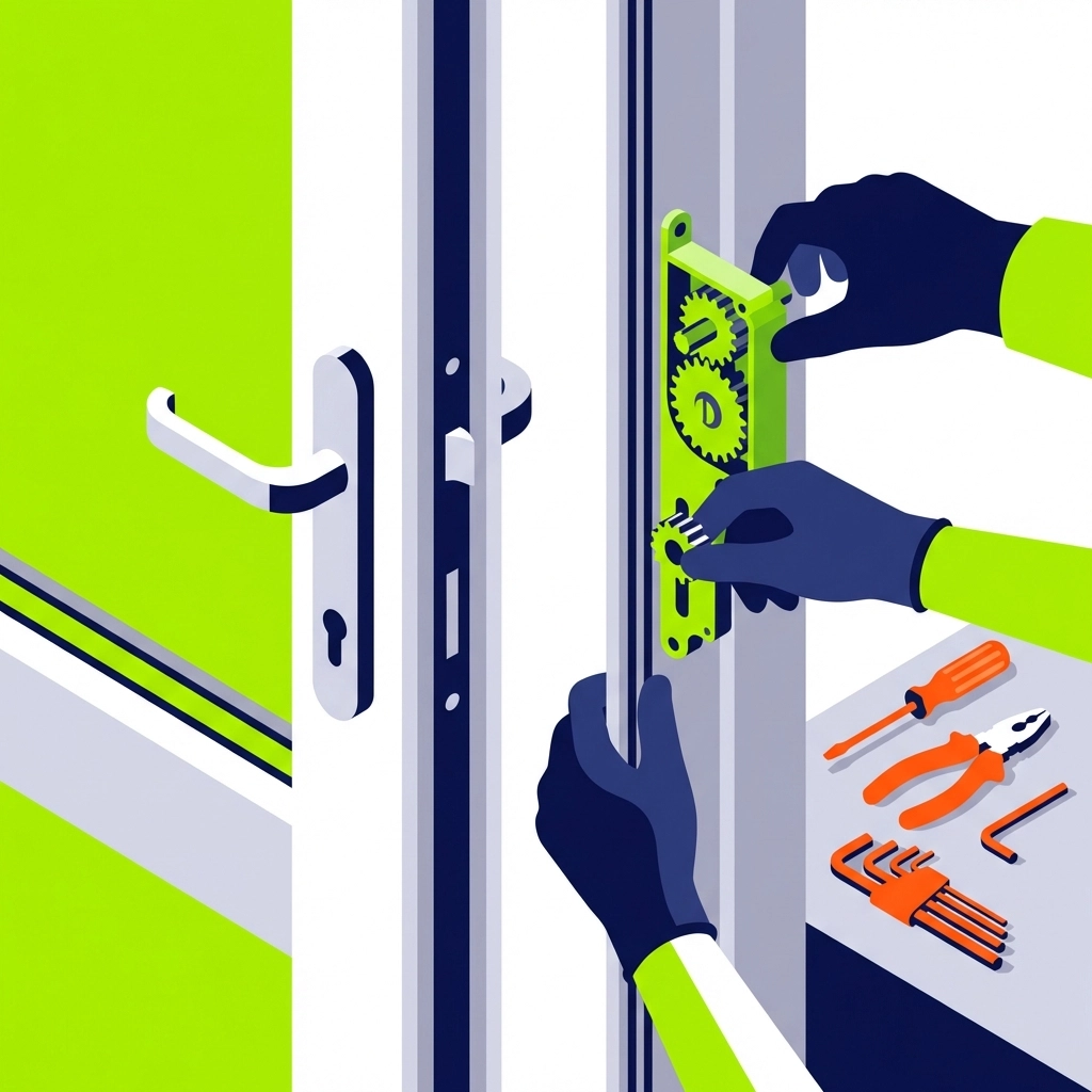 Specialist locksmith repairing a uPVC door mechanism and internal gearbox in Bristol.