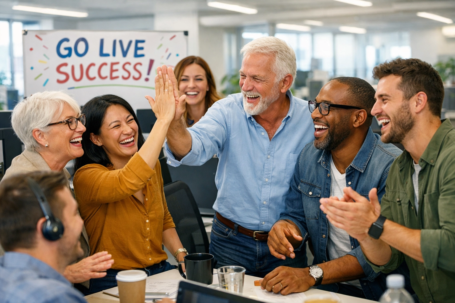 A professional team celebrating a successful ServiceNow go-live milestone in a modern workspace.