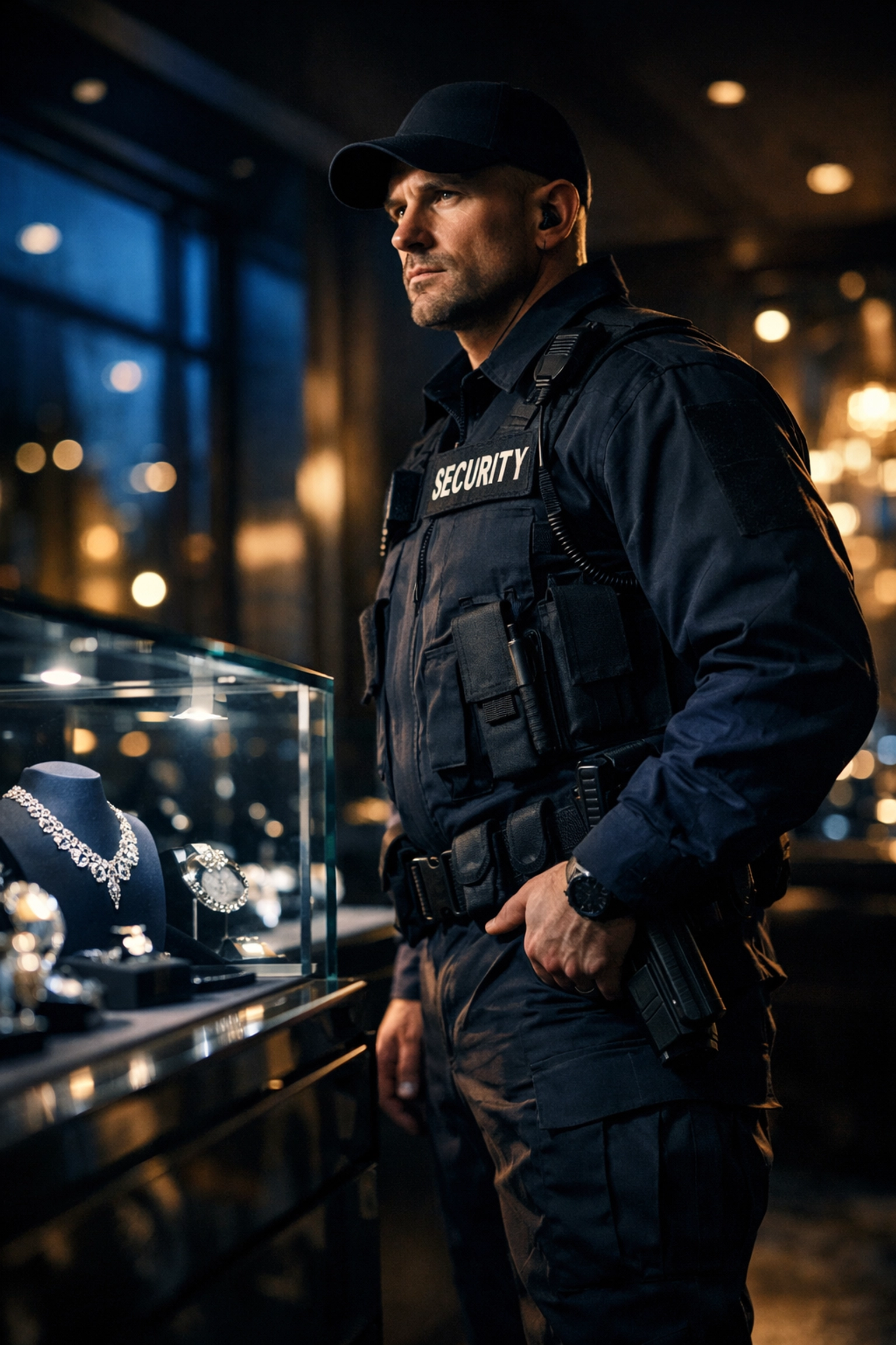 Armed security guard protecting jewelry store with high-value assets and luxury displays