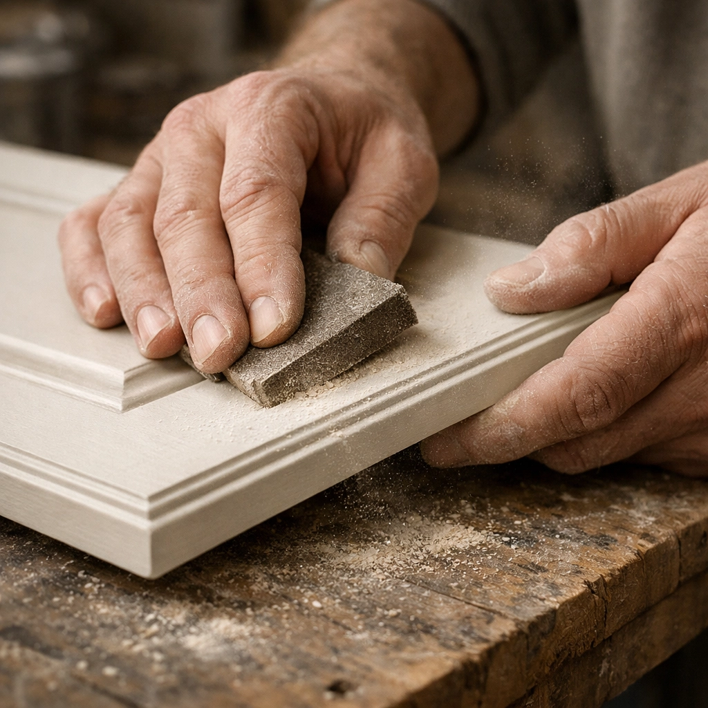 Professional sanding and preparation for spray painting kitchen cabinets in our Littlehampton workshop.