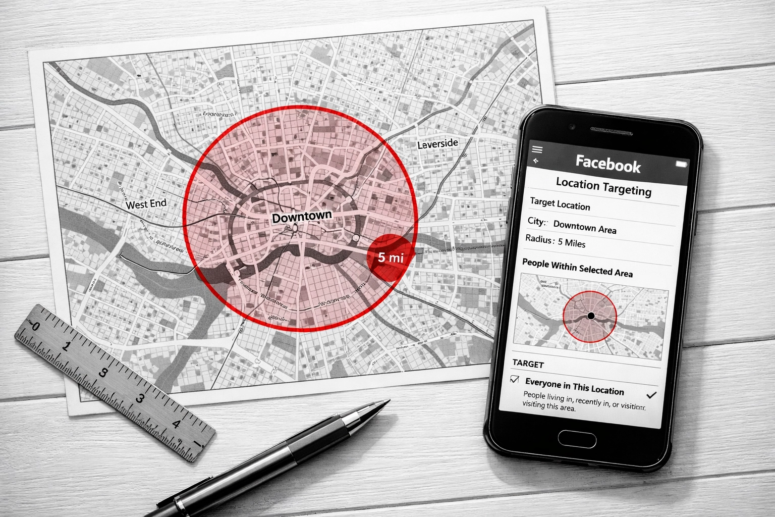 Geographic targeting map with radius circle for Facebook local business ad campaigns