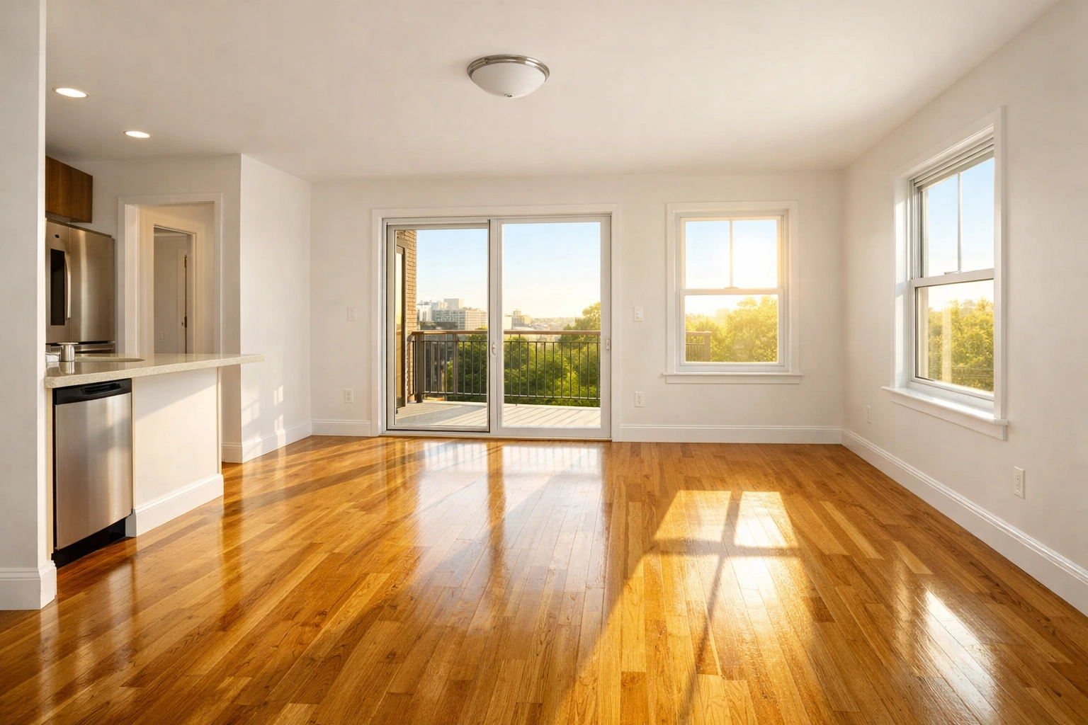 Clean, sun-filled apartment unit in Indianapolis ready for new tenants after turnover cleaning.