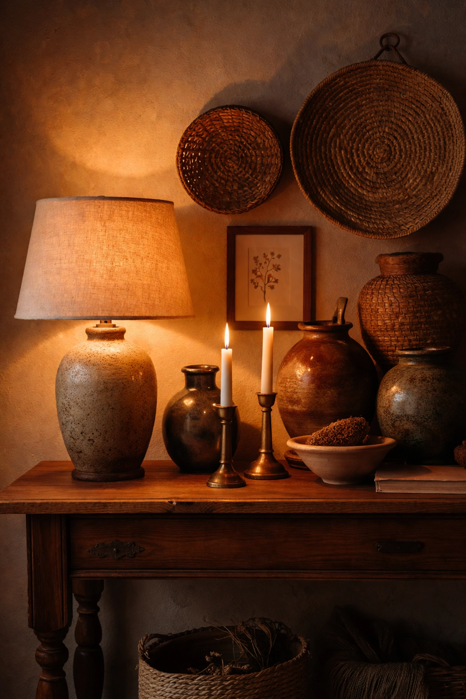 Curated console table vignette with artisan lighting, handcrafted pottery, and woven baskets for dopamine décor inspiration