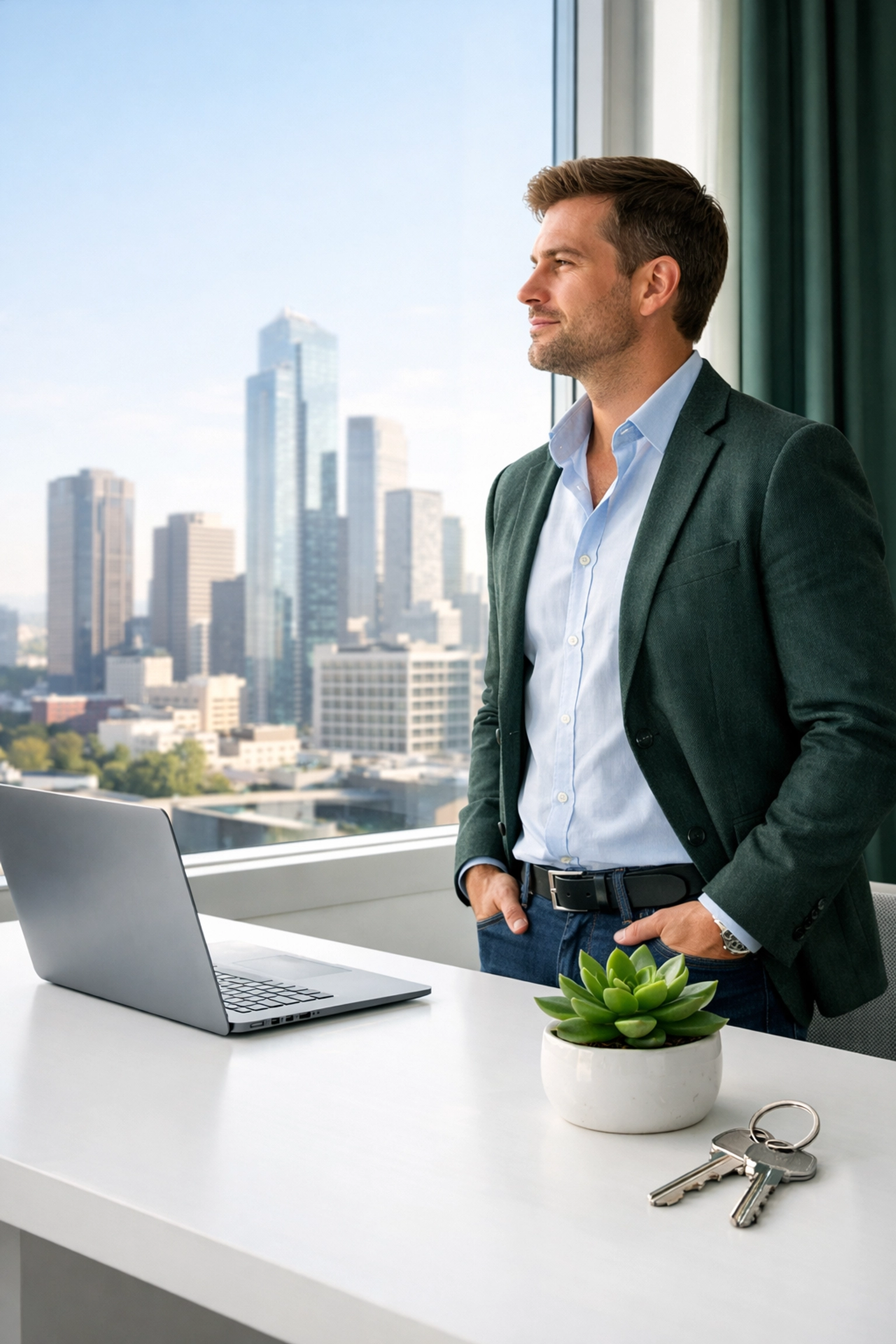 Self-employed investor in a modern office using DSCR loans to scale a rental property empire.