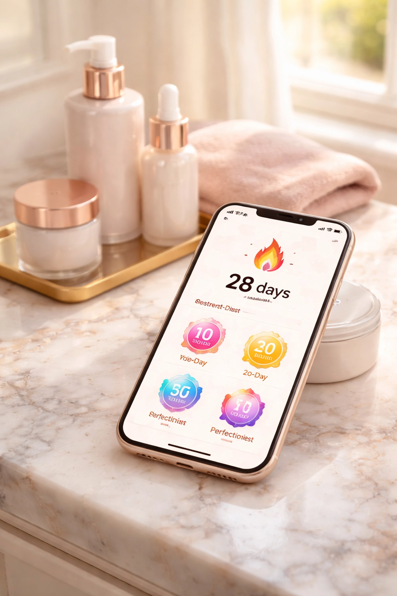 Smartphone on bathroom counter showing skincare streaks and achievement badges, promoting routine tracking and skincare consistency