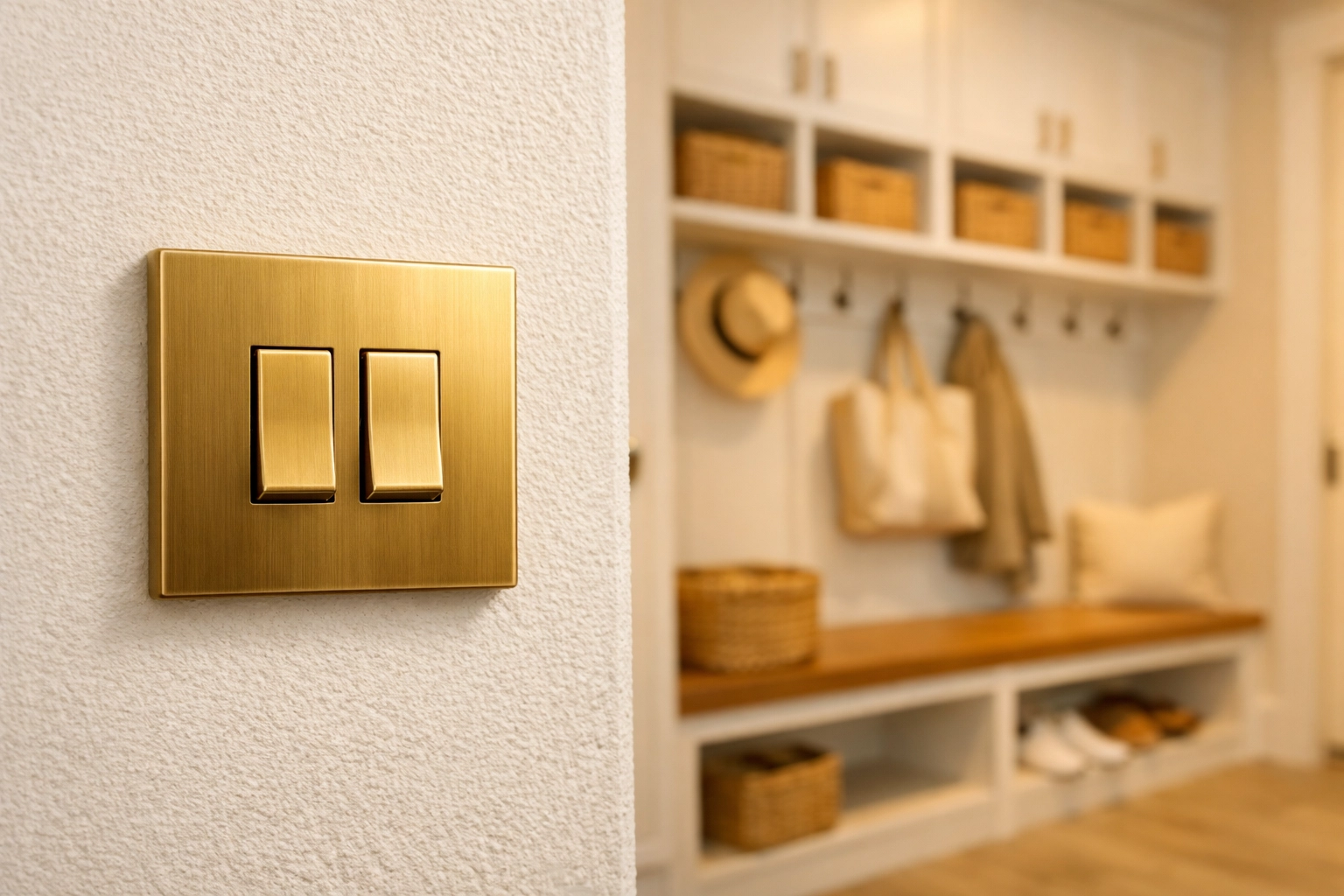 Spotless brass light switch showing detail-oriented residential cleaning Massachusetts in a luxury Dover home.