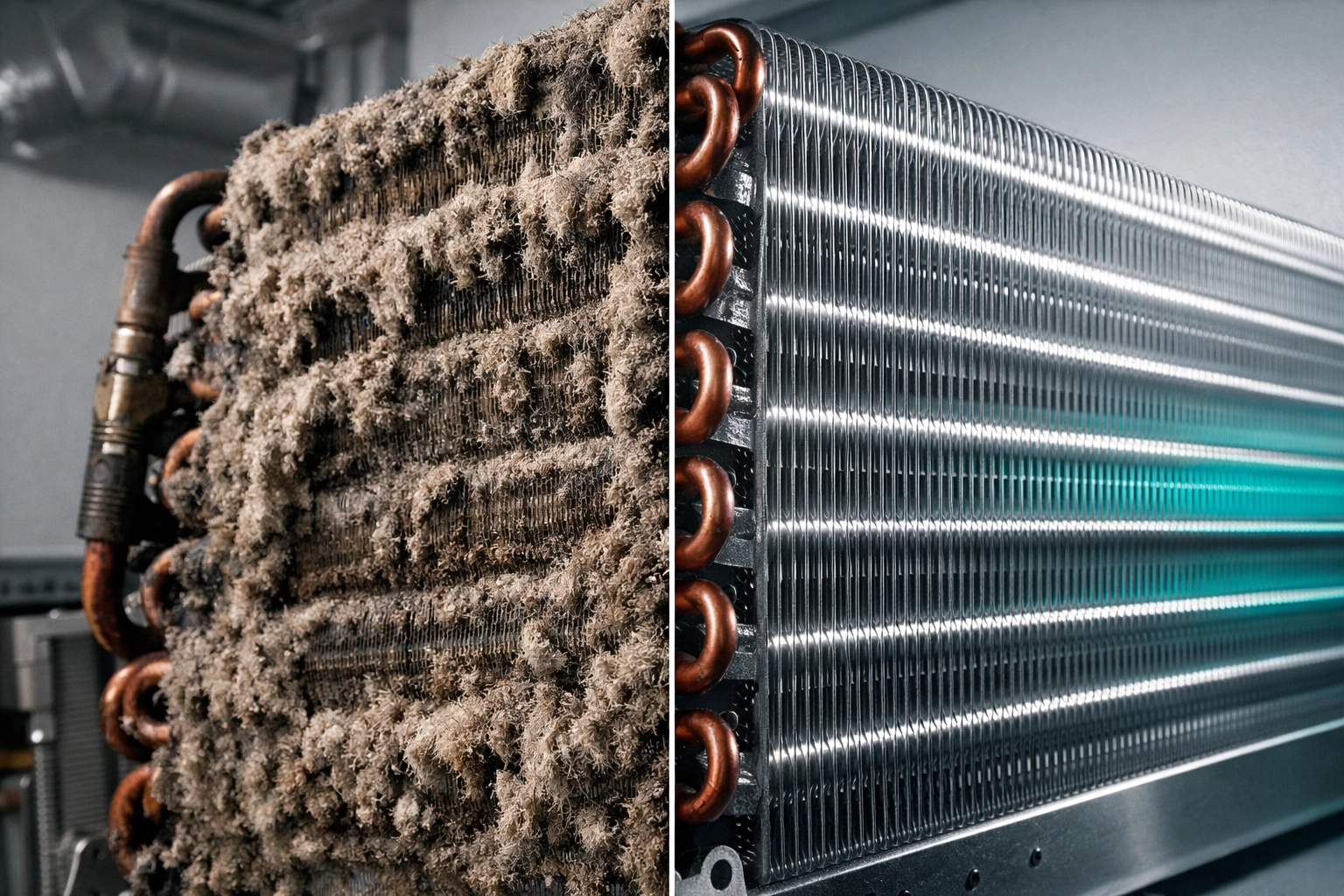 Dirty vs clean HVAC evaporator coils showing impact of maintenance in Florida