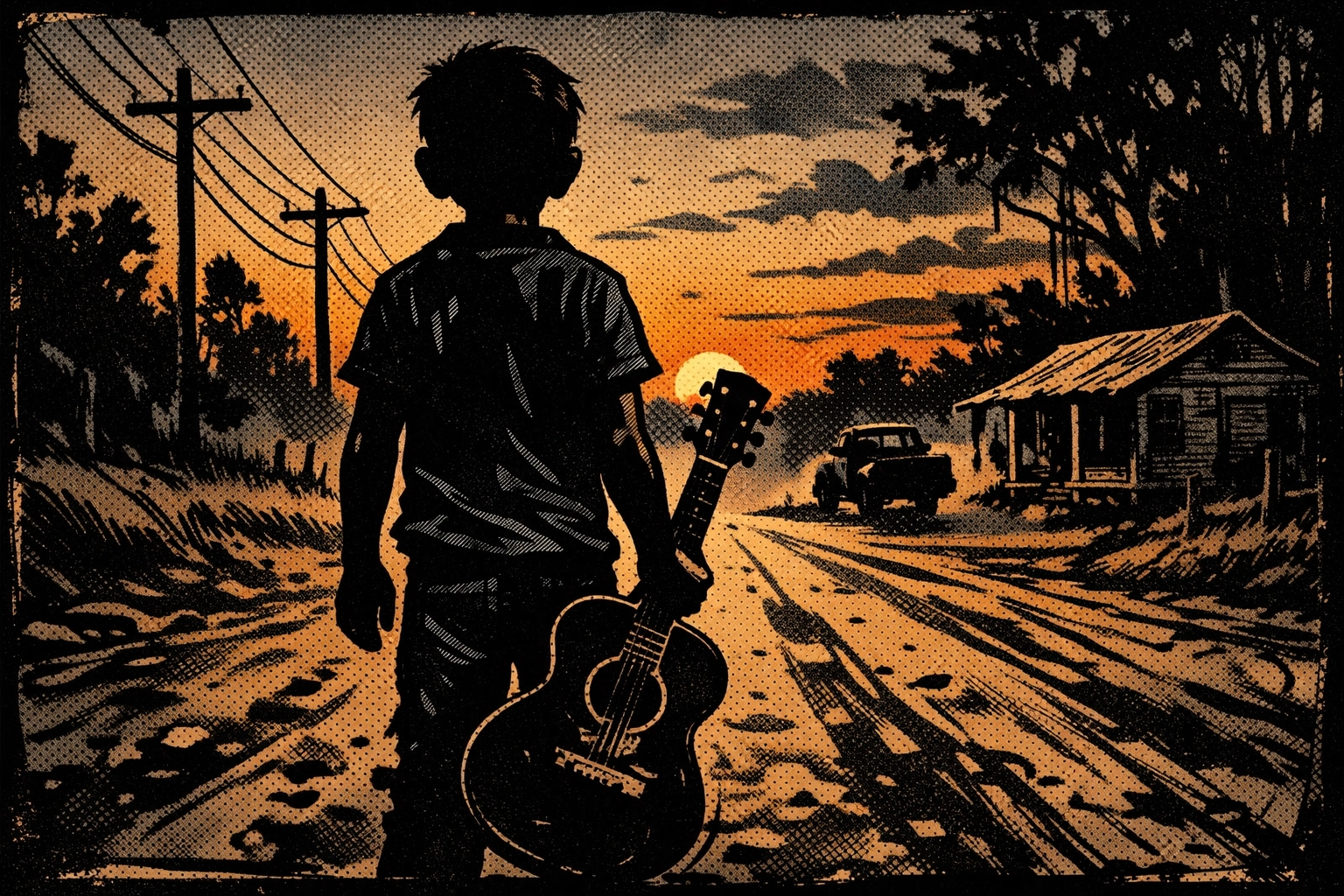 A cinematic graphic novel illustration of a young boy's silhouette seen from behind, standing on a dusty Mississippi road at dusk, holding a guitar. The style should be heavy ink outlines, high contrast, and a gritty vintage comic feel. No facial features visible.