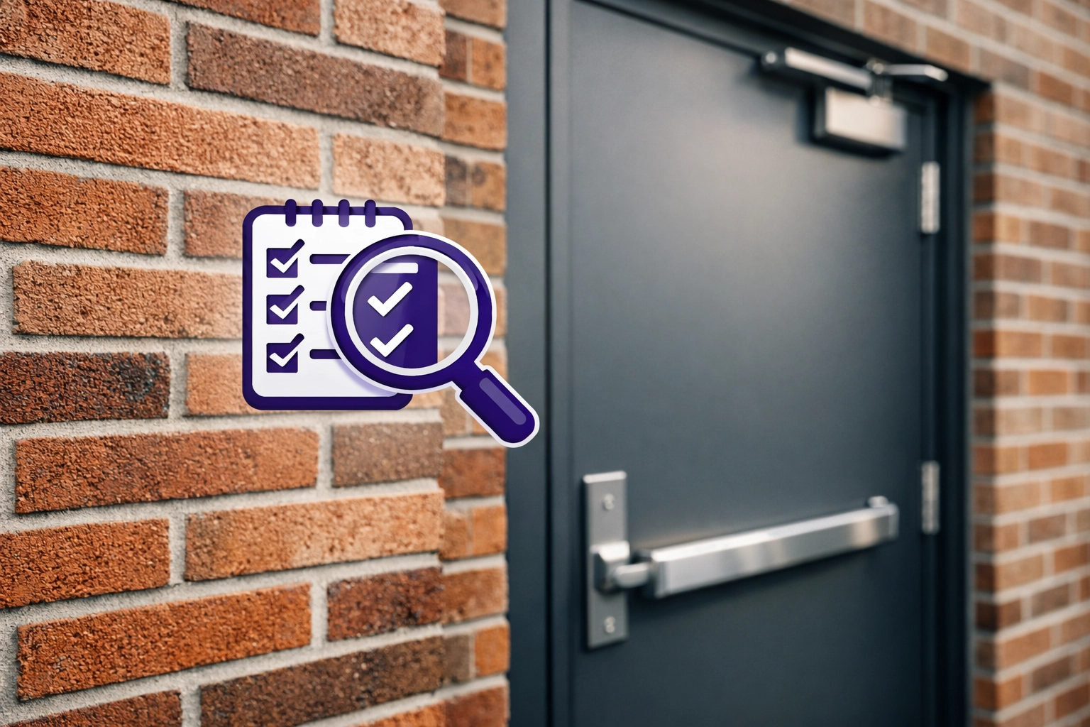A fire-rated door and inspection icon illustrating a fire risk assessment for a block of flats.