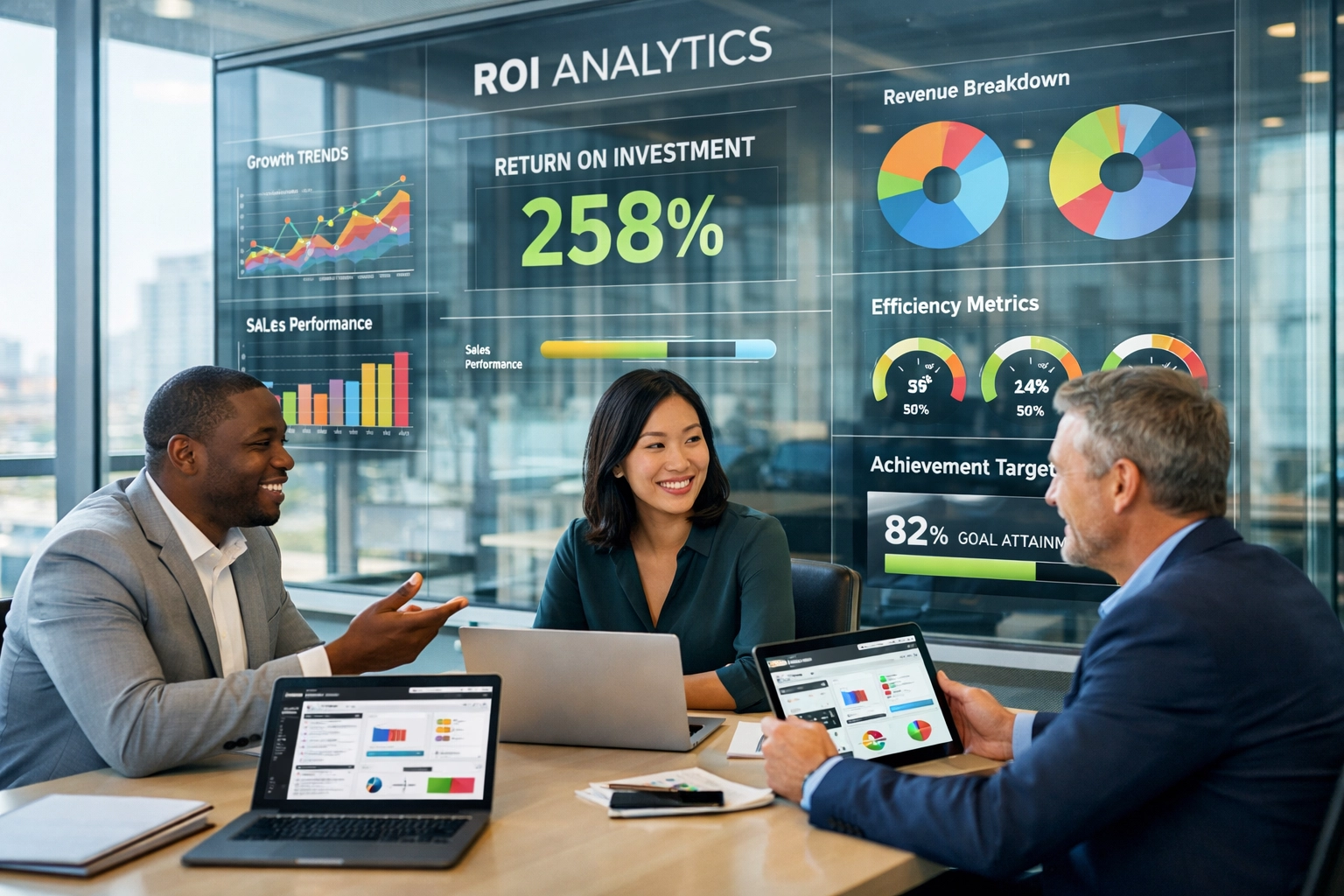 Business team analyzing ServiceNow consulting ROI metrics and cost reduction data visualizations