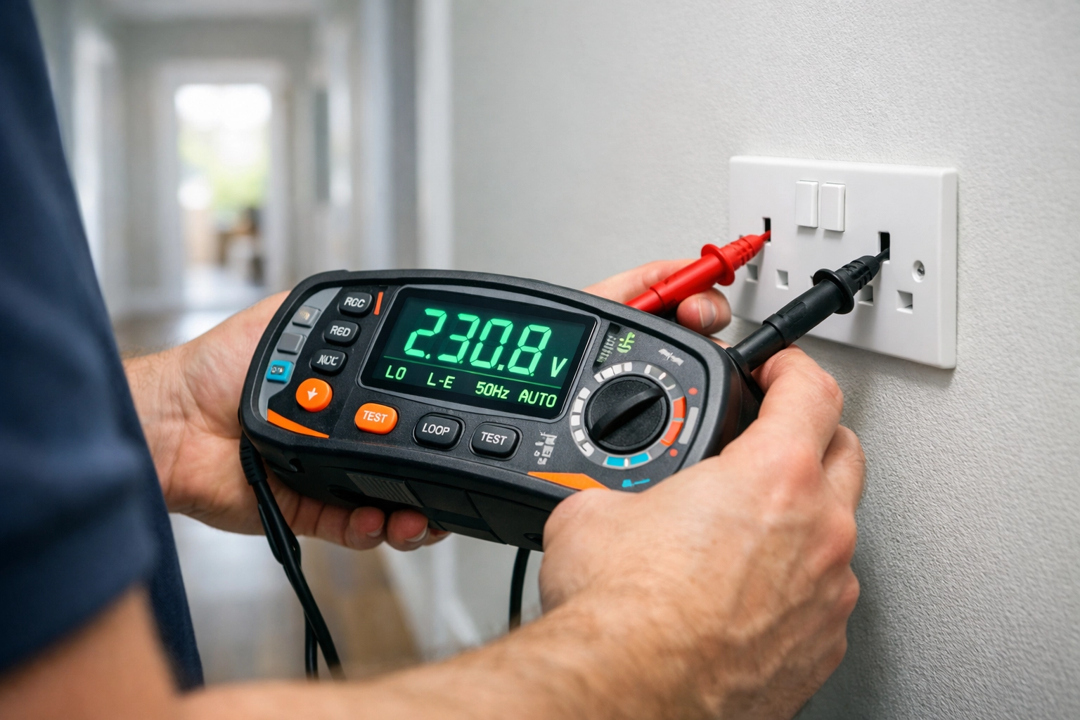 A professional electrician performing an EICR safety test on a wall outlet using a digital multifunction tester in Dorset.
