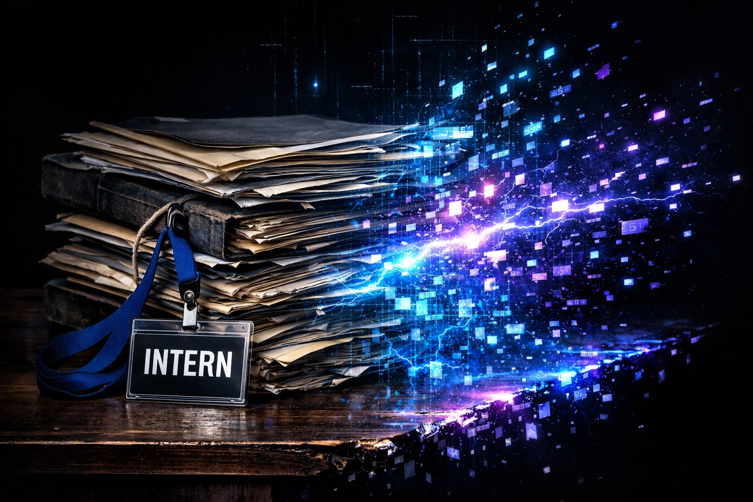 Traditional internship records vaporizing into digital data to illustrate the shift to AI assessments.