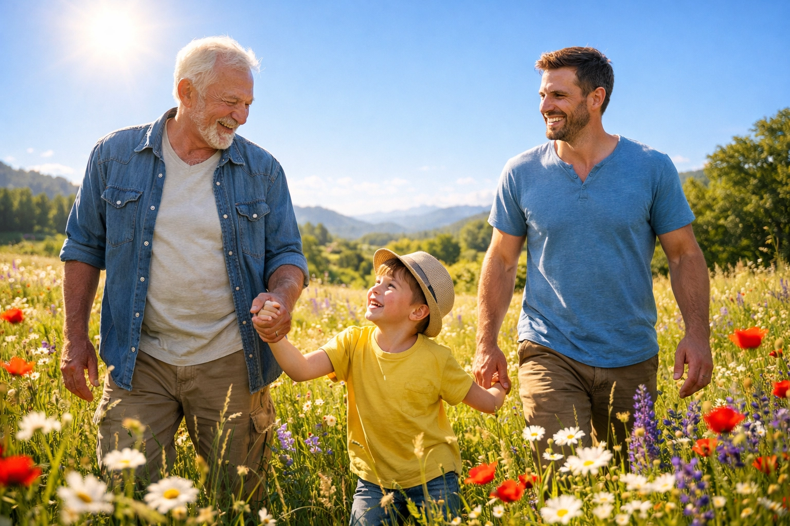 A joyful multi-generational family walking in a sunlit meadow, celebrating restoration and divine healing.
