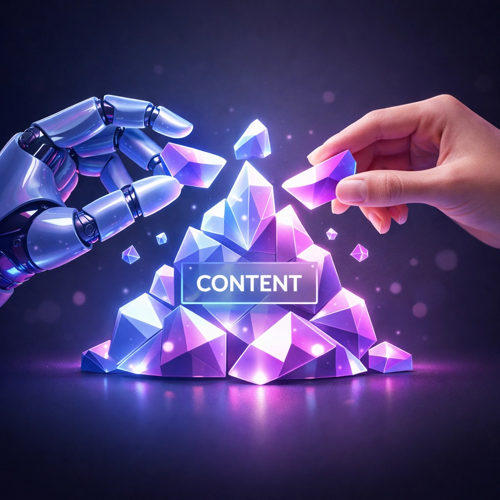 Human and AI hands collaborating to scale small business content creation and SEO strategy.