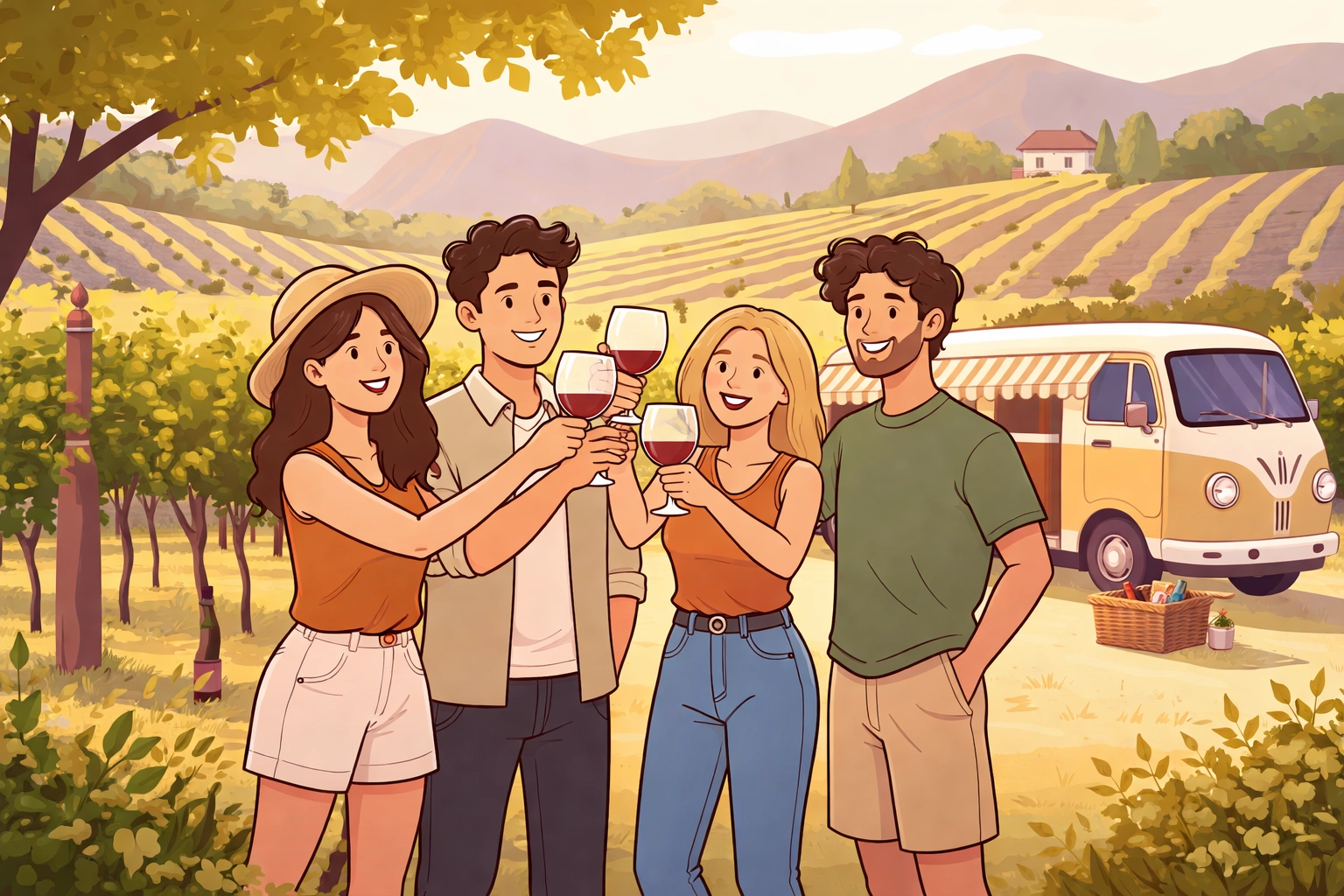 Group of friends toasting with wine in a sunlit Virginia vineyard, celebrating exclusive wine tour experiences.