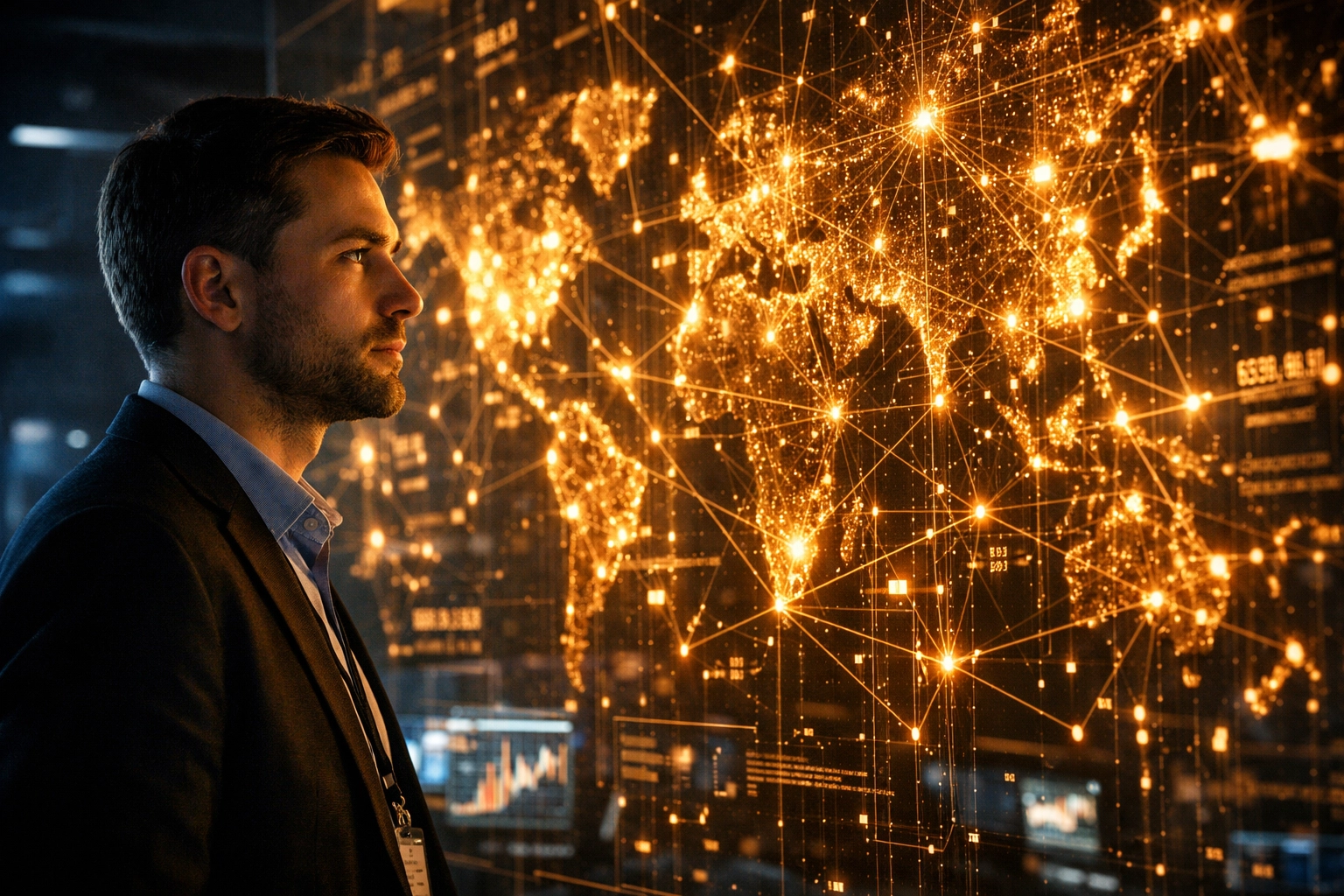 On-chain data analyst viewing a digital blockchain ledger for crypto market intelligence.