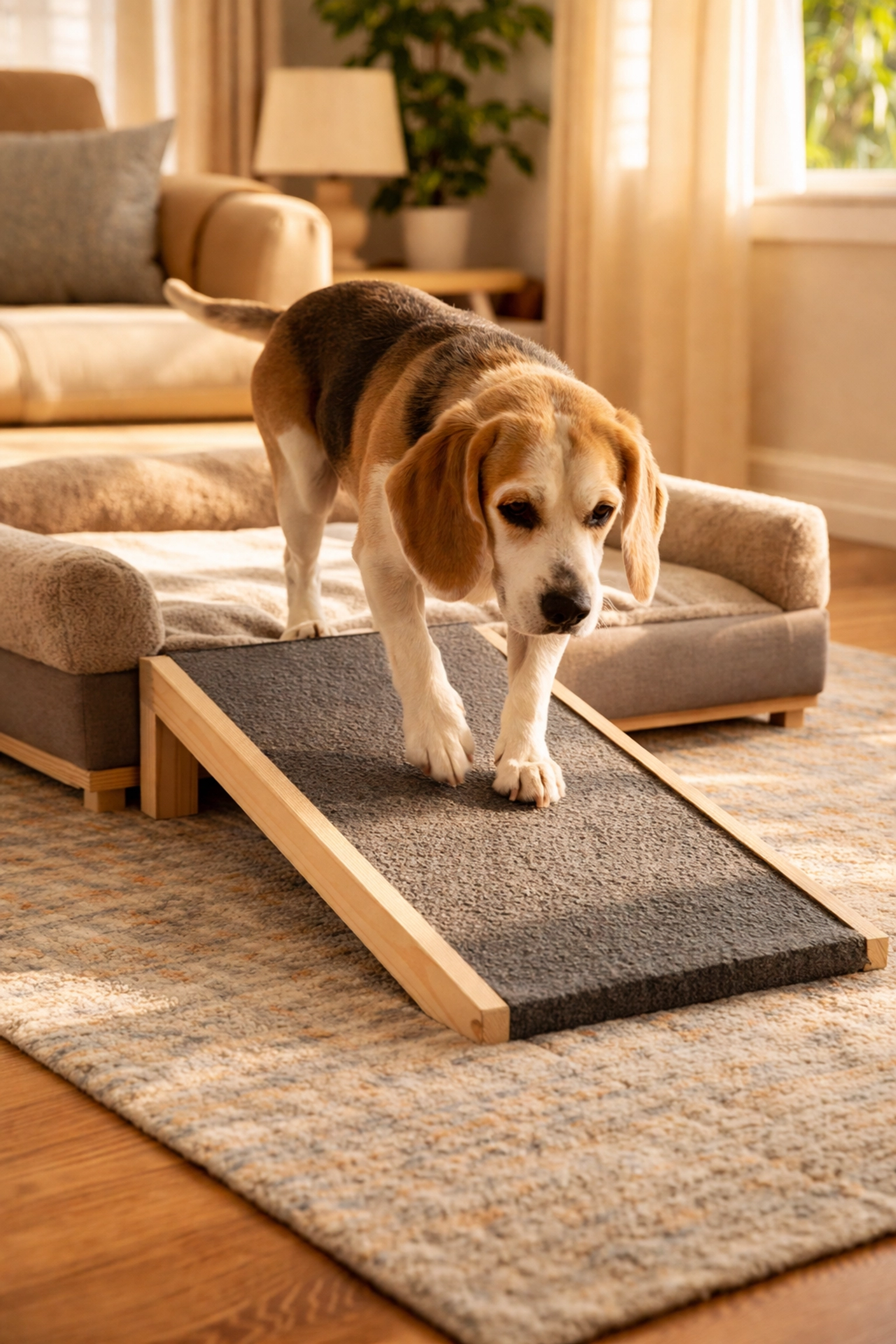 Senior beagle using a non-slip ramp to reach an orthopedic dog bed in a cozy home