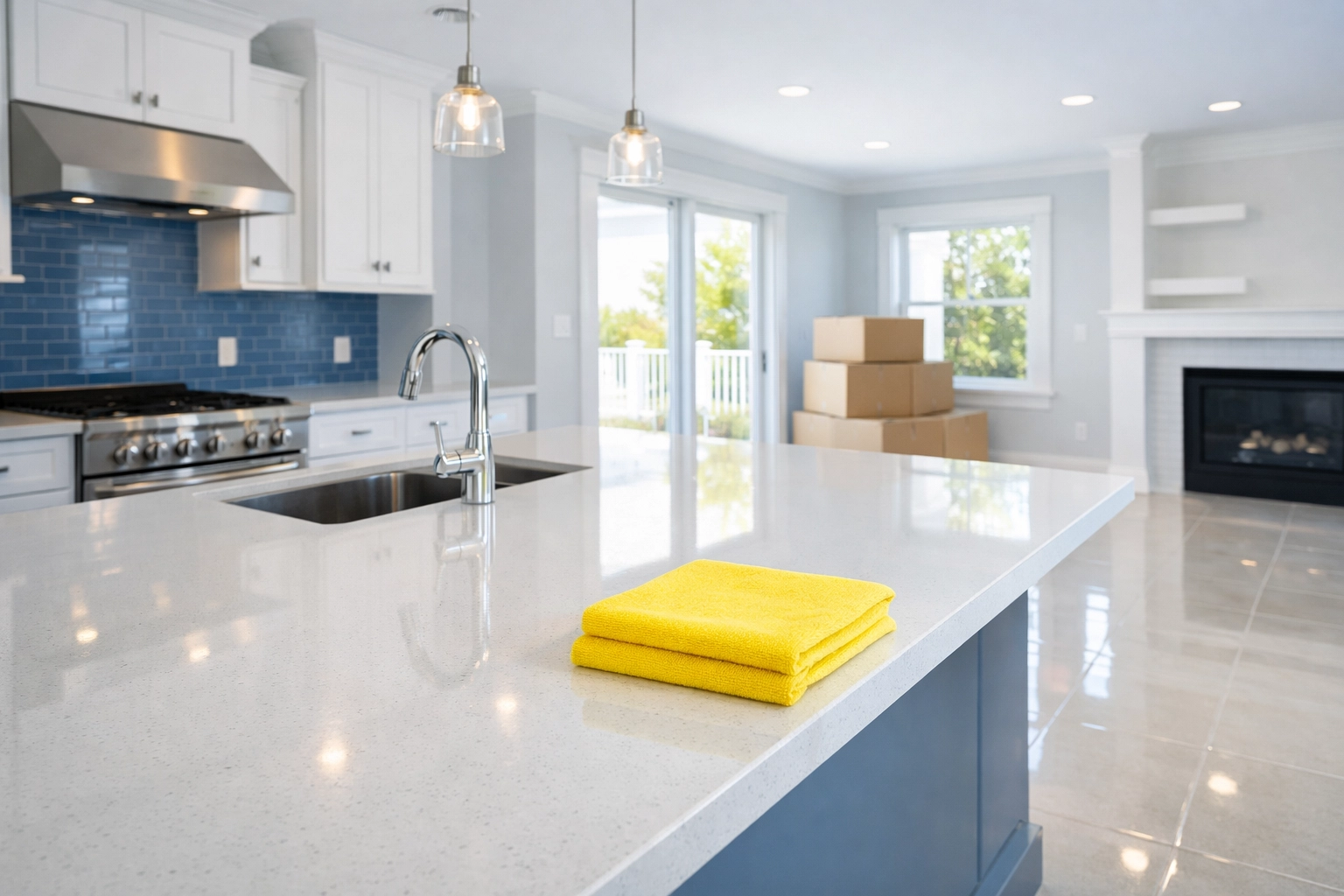 Spotless modern kitchen in Massachusetts prepared for a move-in/move-out cleaning Lowell transition.