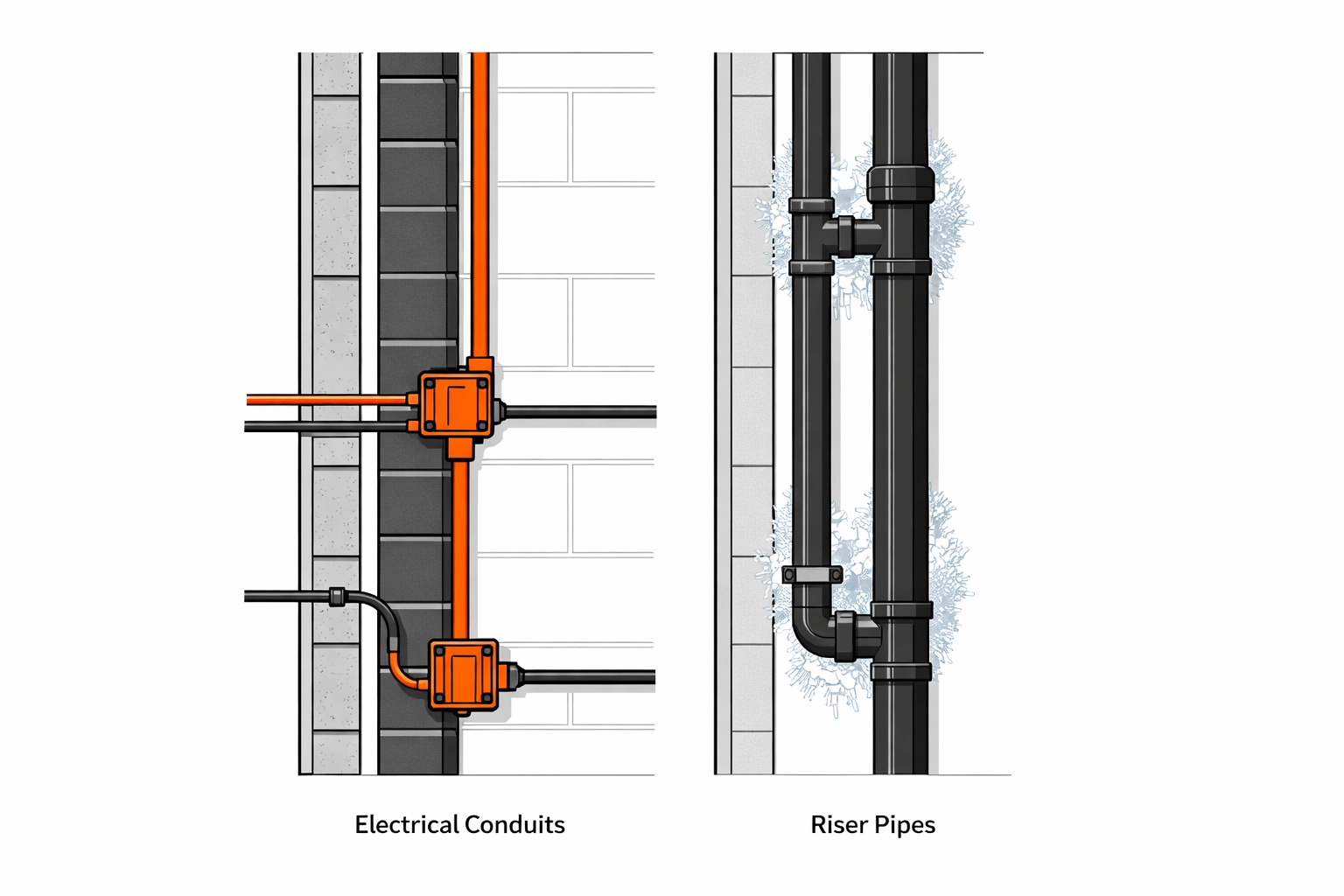 Rohrleitungen und Elektrik in Gebäudewand mit Frostgefahr bei Heizungsausfall