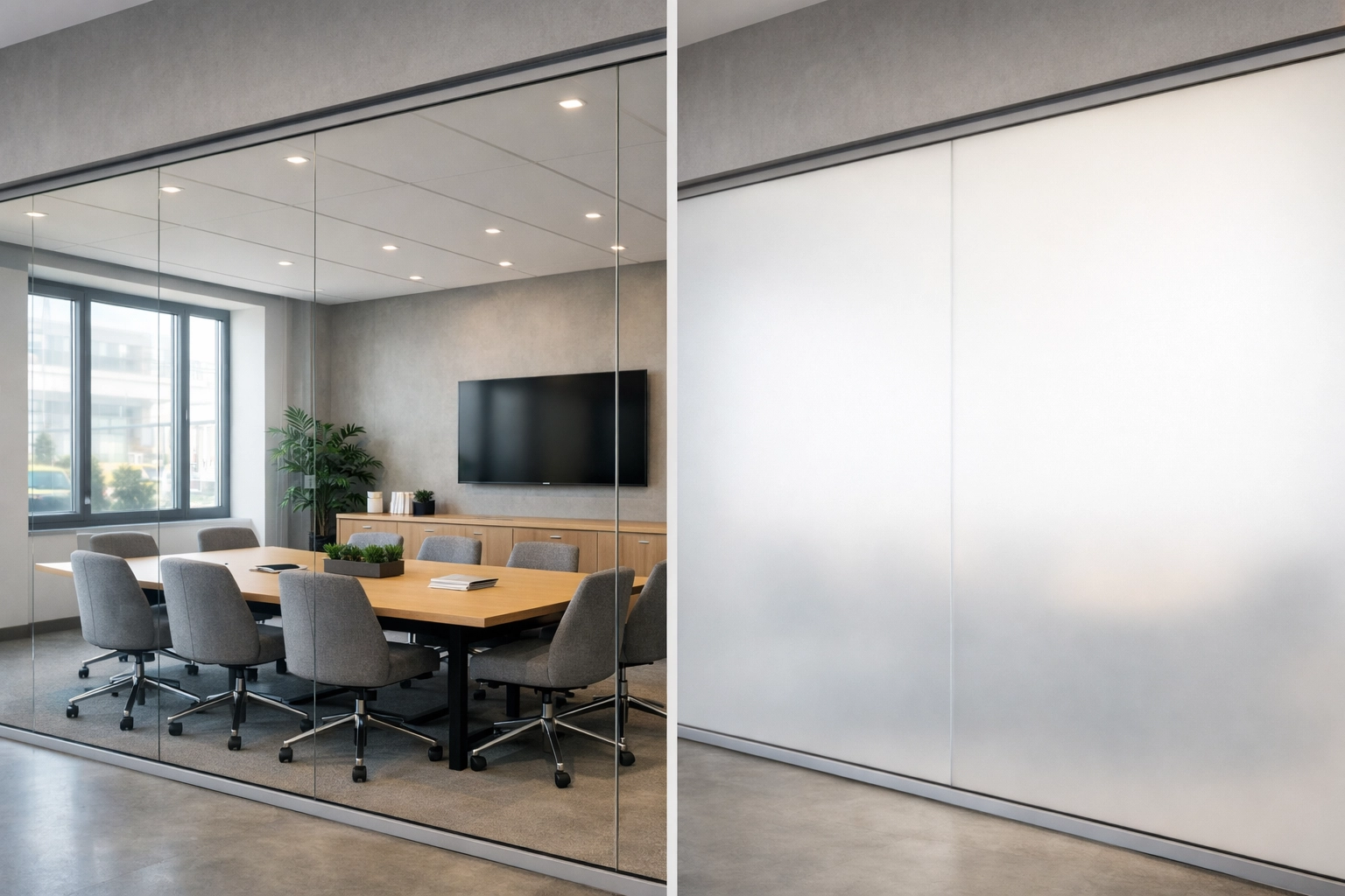 Conference room with switchable smart glass in clear and frosted privacy modes