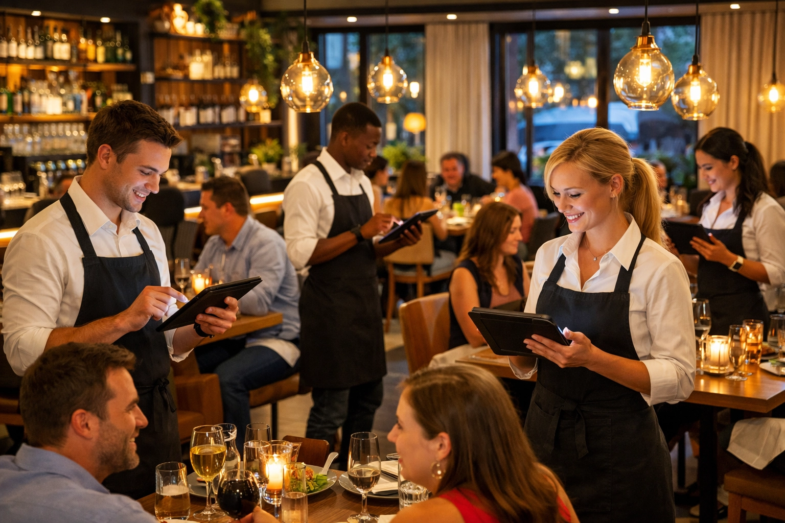 Restaurant waiters using tablet POS systems during busy dinner service