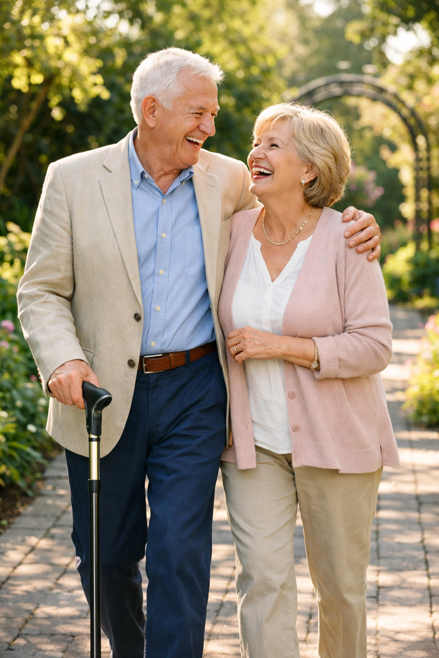 Senior couple walking with a supportive cane, highlighting mobility aids for independent and safe living.