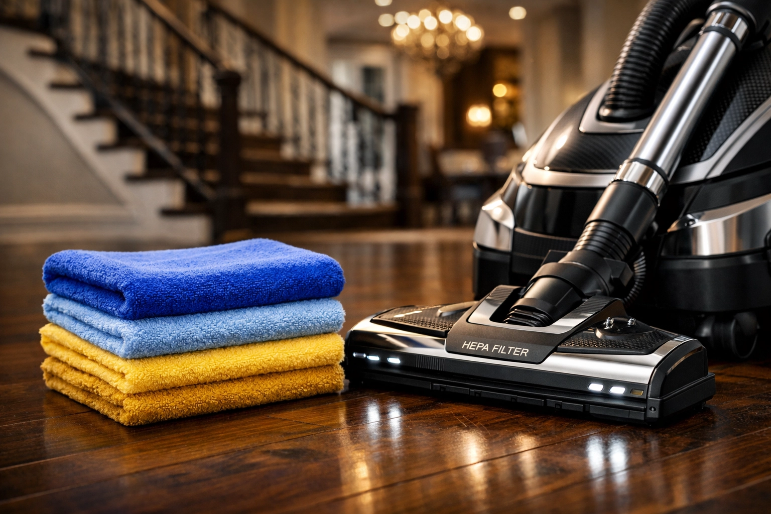 High-tech HEPA vacuum and microfiber tools for efficient luxury residential cleaning in Hingham.