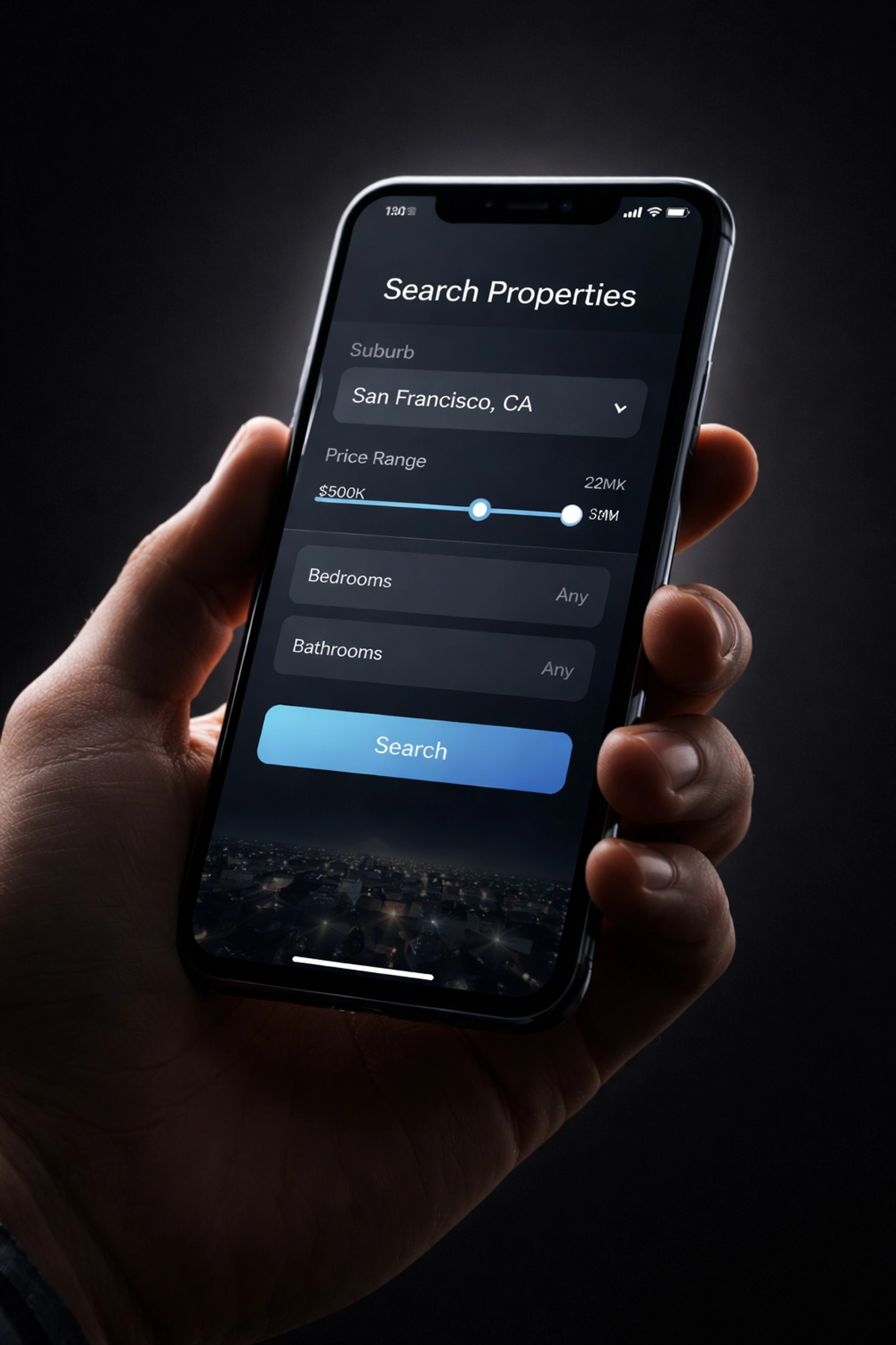 Mobile phone displaying Brisbane rental property search filters, highlighting fast and user-friendly website design