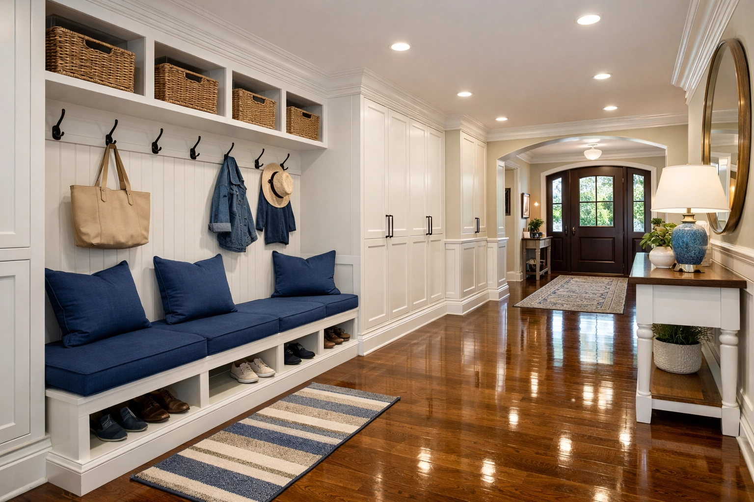 Polished mudroom entryway after a bi weekly house cleaning service for a Foxborough home.
