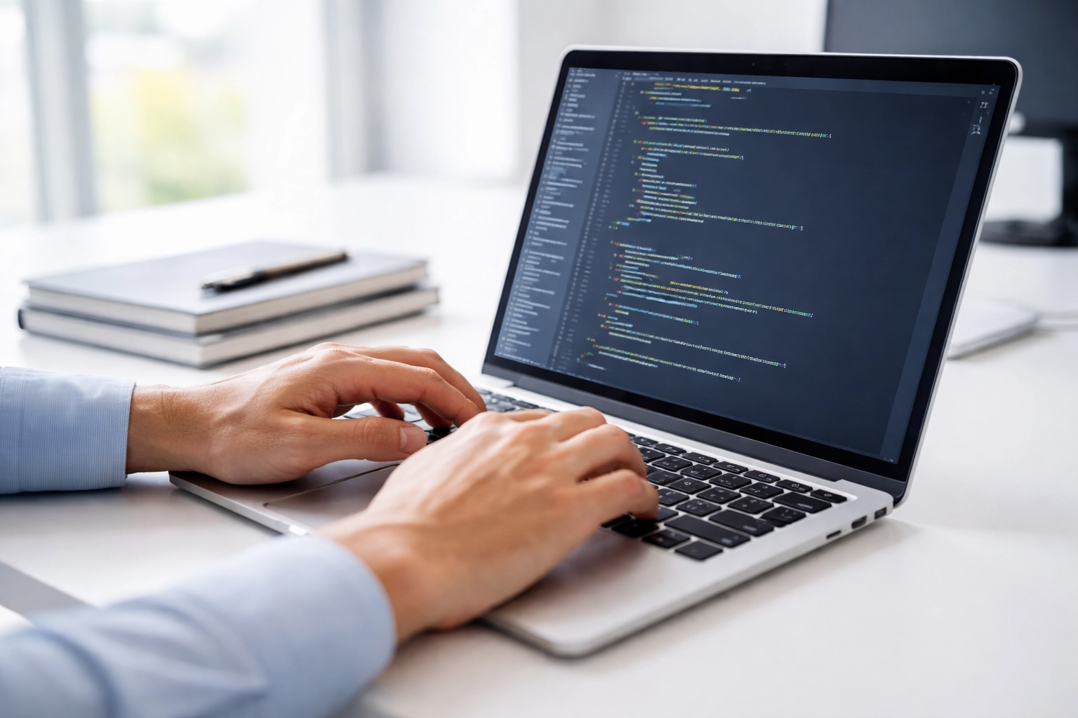 Close-up of developer typing organized code with documentation, highlighting disciplined ServiceNow governance and platform management.