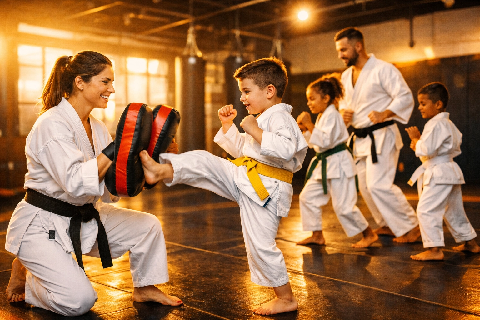 A family of five practicing kickboxing drills and teamwork together in a professional training hall.